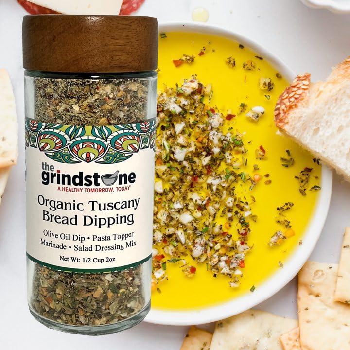 THE GRINDST NE A HEALTHY TOMORROW, TODAY Organic Tuscany Bread Dipping Mix, Authentic Tuscan Seasoning for Gourmet Bread Dipping, Pasta, 2.0 oz each Reusable Glass Jar with Bamboo lid, Pack of 2