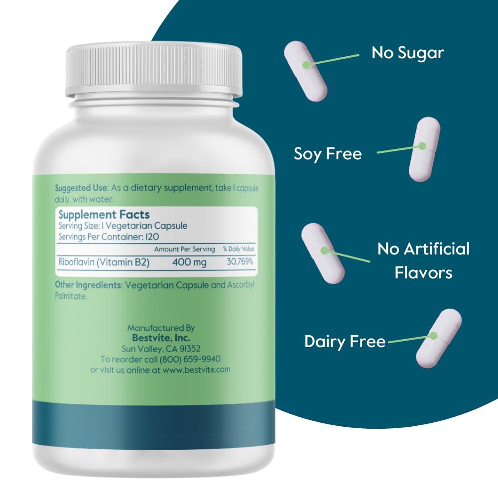 BESTVITE BESTVITE Vitamin B-2 (Riboflavin) 400mg (240 Vegetarian Capsules) (120 x 2) - No Stearates - Vegan - Non GMO - Gluten Free