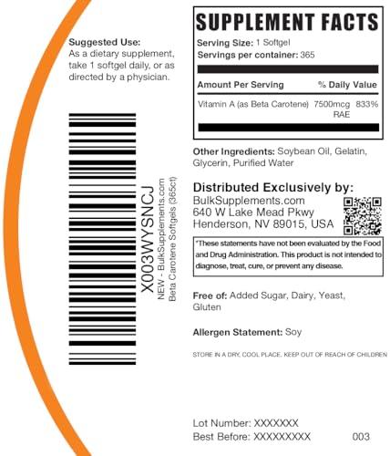 BulkSupplements BulkSupplements.com Beta Carotene 25000 IU Softgels - Vitamin A Supplement, Beta Carotene Supplements - for Eye Support, Gluten Free, 1 Softgel per Serving, 365 Count (Pack of 1)