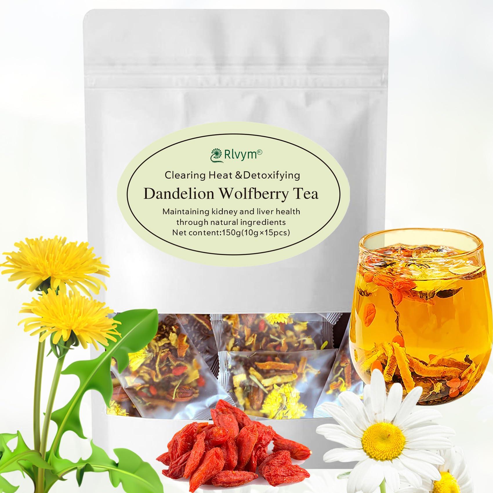 Rlvym Dandelion Wolfberry Tea, Kidneys & Liver Health, Seven Natural Herbal Ingredients Kidney Tea, Organic Dandelion Root Tea, Goji Berry Chrysanthemum Tea (144g, 12bags)