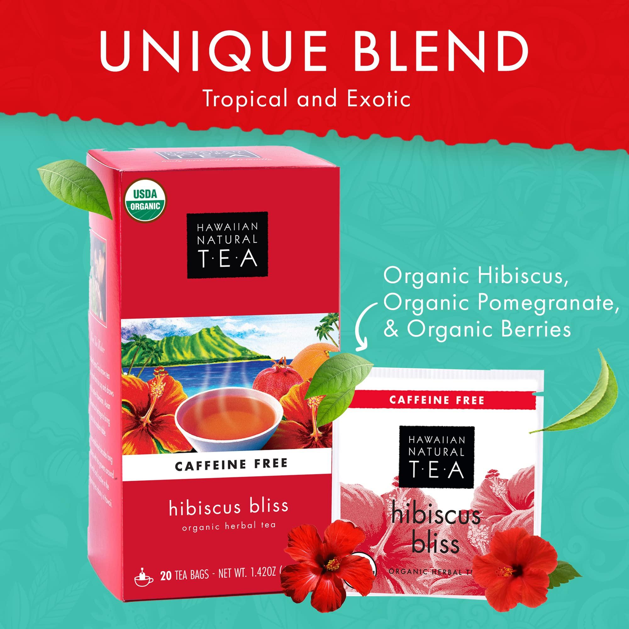 HAWAIIAN NATURAL T·E·A Hawaiian Natural Tea - Organic Hibiscus Bliss Herbal Tea, Caffeine-Free Hibiscus Tea, All-Natural and Antioxidant-Rich Wellness Tea, Vegan and Keto-Friendly, 60 Tea Bags