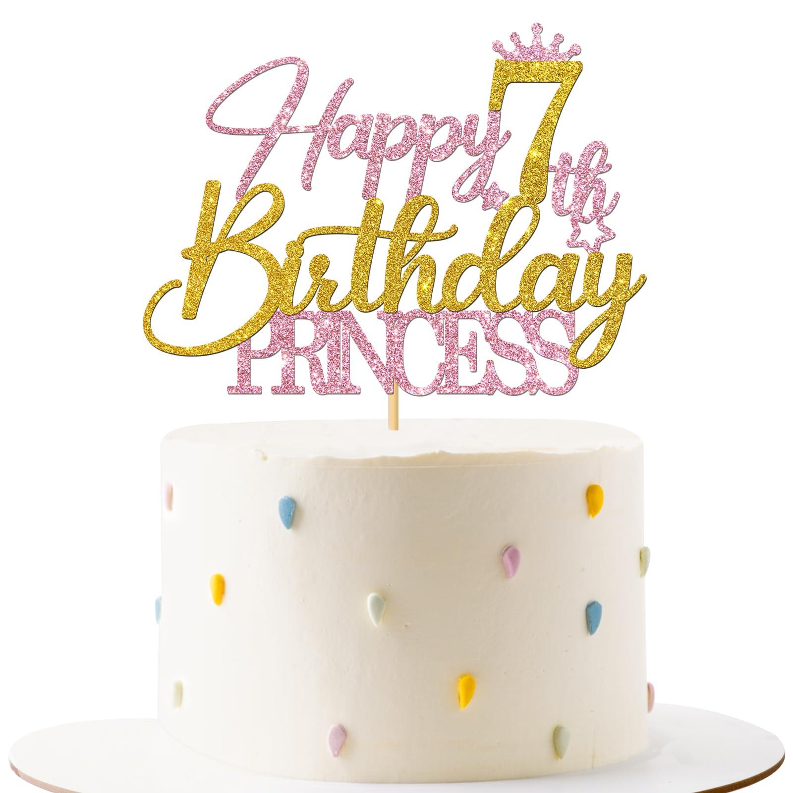 RoadSea RoadSea Princess 7th Birthday Cake Topper - Happy 7th Birthday Cake Supplies for Girl - Girl Seven Years Old Birthday Party Decorations - Pink & Gold Glitter (7th)