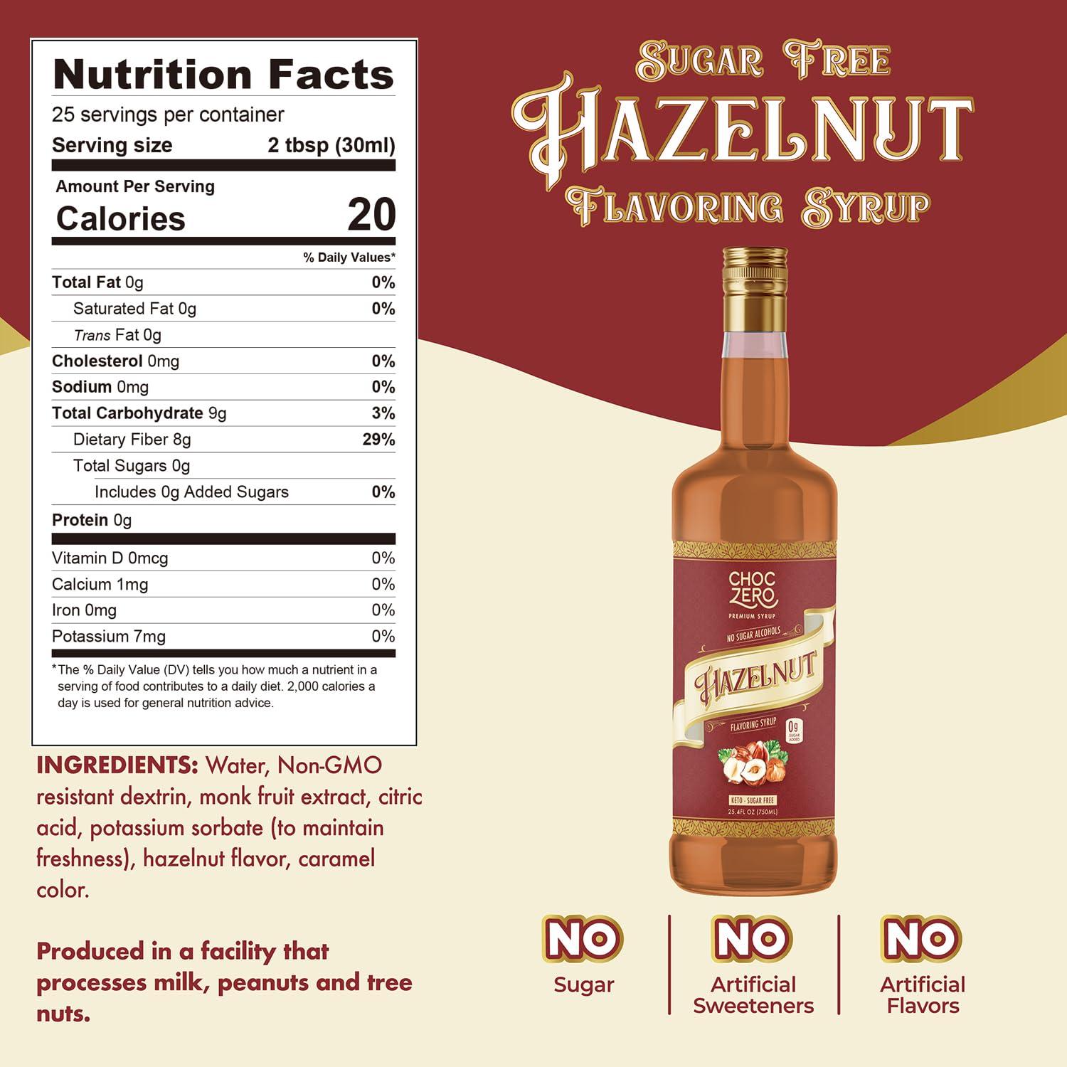 ChocZero ChocZero Sugar Free Hazelnut Syrup for Coffee - Keto Flavoring Syrups - Low Calorie Simple Syrup for Flavored Drinks, 25.4 Ounces Bottle (Pack of 1)