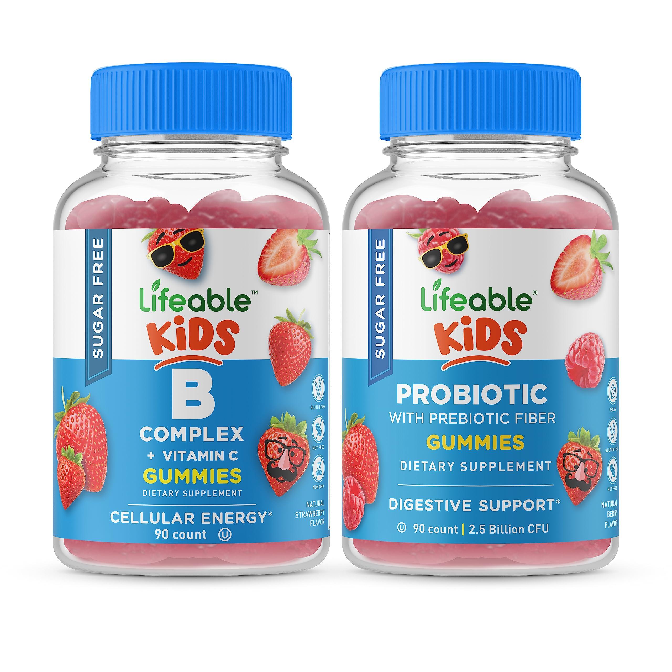 Lifeable Lifeable Sugar Free B Complex Kids + Probiotic + Prebiotic Fiber Kids, Gummies Bundle - Great Tasting, Vitamin Supplement, Gluten Free, GMO Free, Chewable Gummy