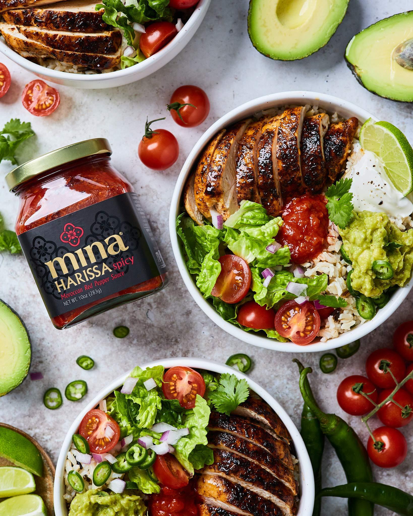 Mina Mina Harissa Sauce Duo, Red Harissa Hot Sauce (10 oz) & Green Harissa Hot Sauce (10 oz), Authentic Moroccan Spicy Chili Pastes, Excite Your Senses with Mina\'s Harissa Seasoning