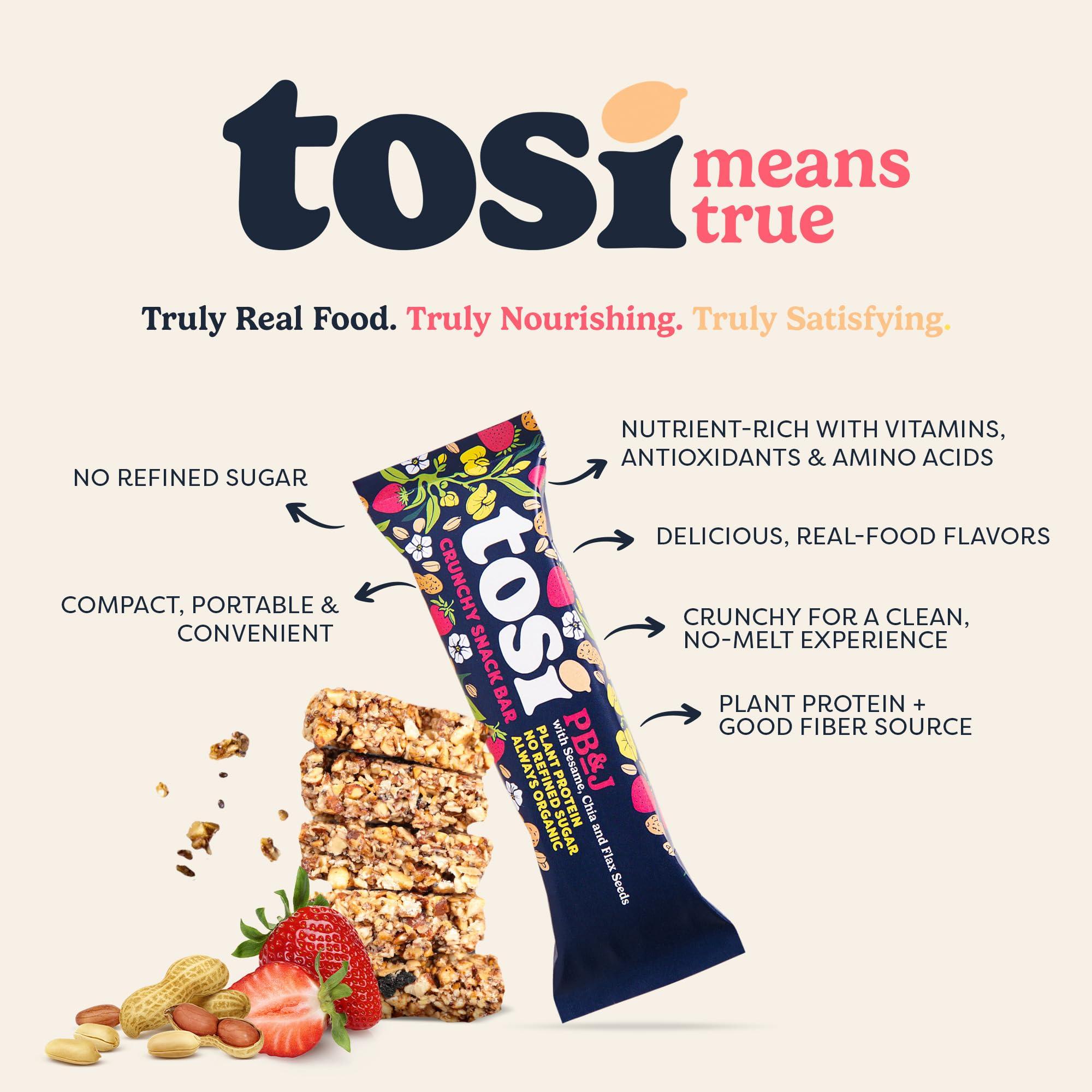 Tosi Tosi Peanut Butter & Jelly Protein Bars, Plant Based with Nuts, Gluten-Free Crunchy Snacks, Vegan, Organic, Flax & Chia Seeds, Soy-Free, Omega 3s, 7G Protein, 1 oz, 12-Pack