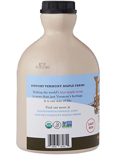 HIDDEN SPRINGS MAPLE HIDDEN SPRINGS MAPLE 100% Organic Vermont Maple Syrup, Grade A Very Dark Robust, 32 Ounce, 1 Quart, Family Farms, BPA-free Jug