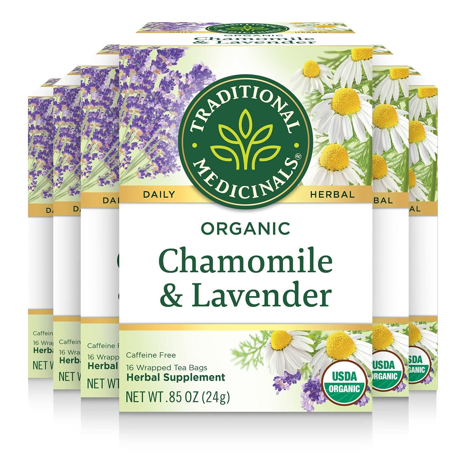 Traditional Medicinals Traditional Medicinals Organic Chamomile & Lavender Herbal Tea, Settles Nervous System, (Pack of 6) - 96 Tea Bags Total