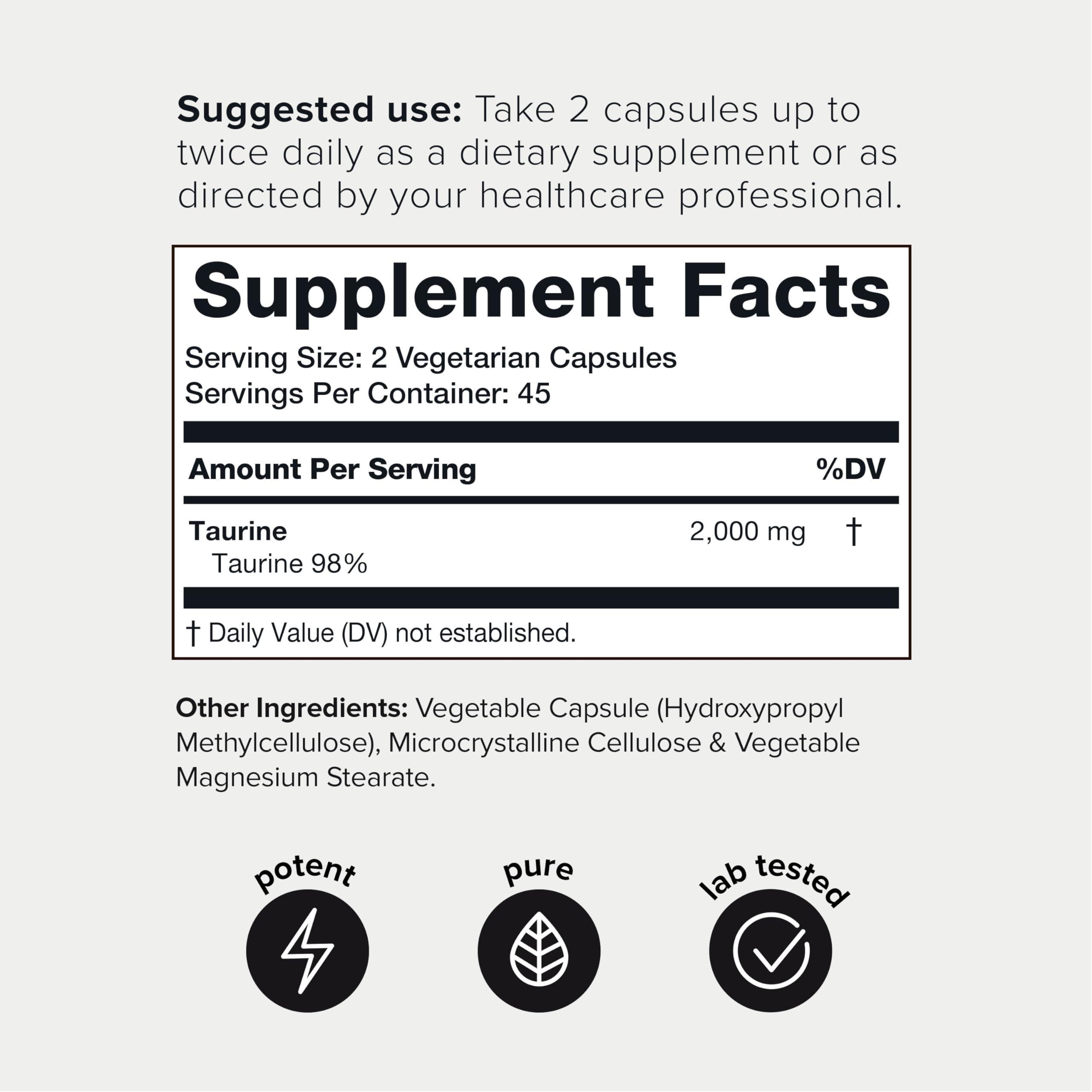Toniiq Toniiq 2000mg Taurine Supplement - High Purity Taurine Powder Capsules, 98%+ Pure, Third-Party Lab Tested - Potent, Non-GMO, Gluten-Free, Effective Formula 45 Optimal Servings Per Bottle