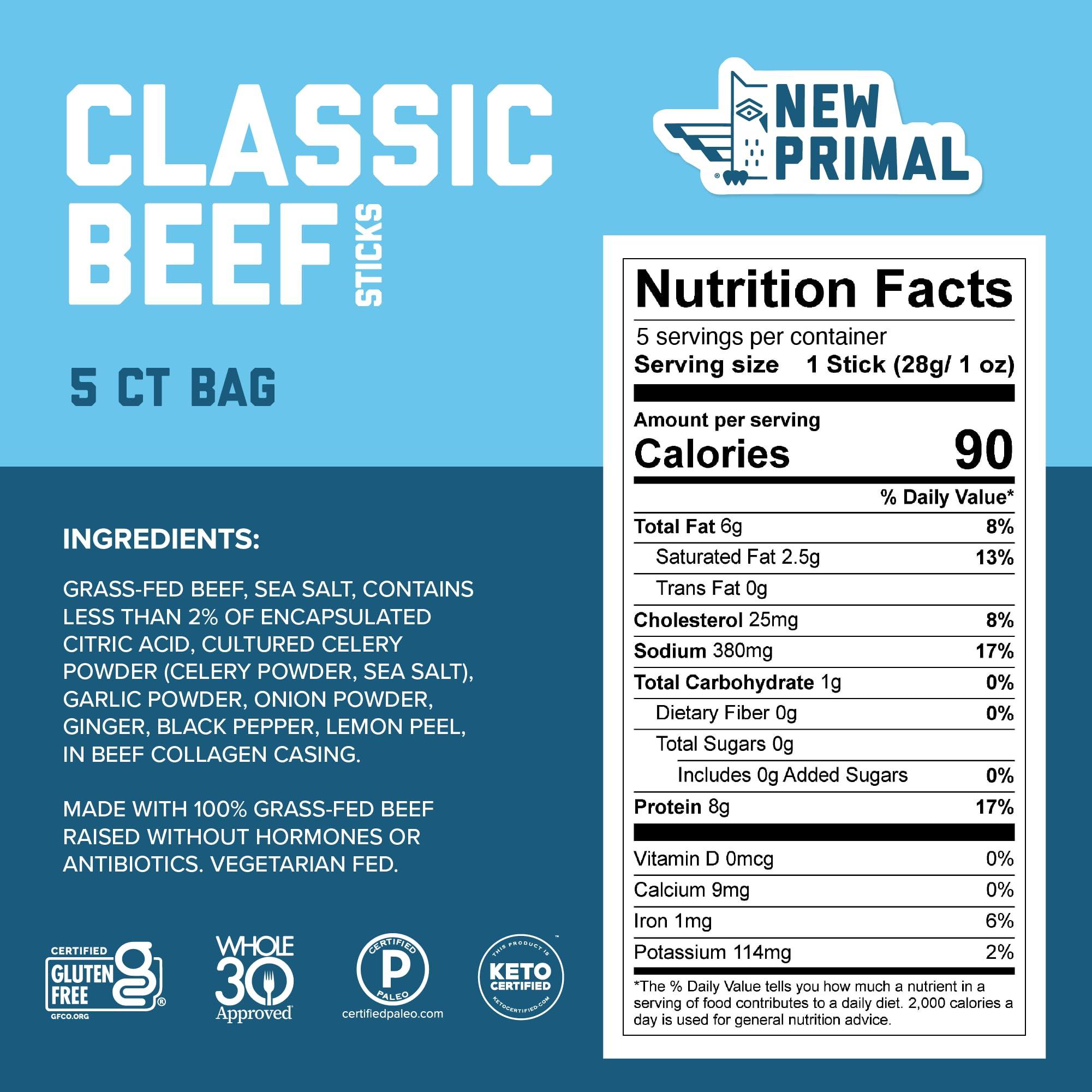 The New Primal The New Primal Grass Fed Beef Sticks, Keto, Gluten Free Healthy Snacks for Adults, Sugar Free Low Carb High Protein Snack, Paleo Whole30 Jerky Meat Stick, 8g Protein, 5 Pack
