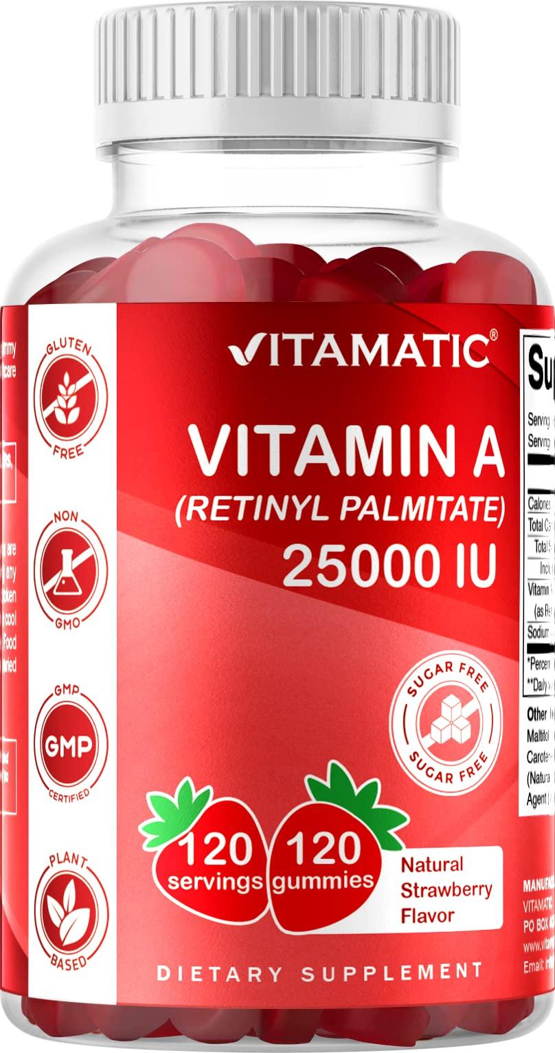 Vitamatic Vitamatic Sugar Free Vitamin A 25000 IU Gummies (Retinyl Palmitate) - Natural Strawberry Flavor - 120 Pectin Based Gummies (1 Bottle)