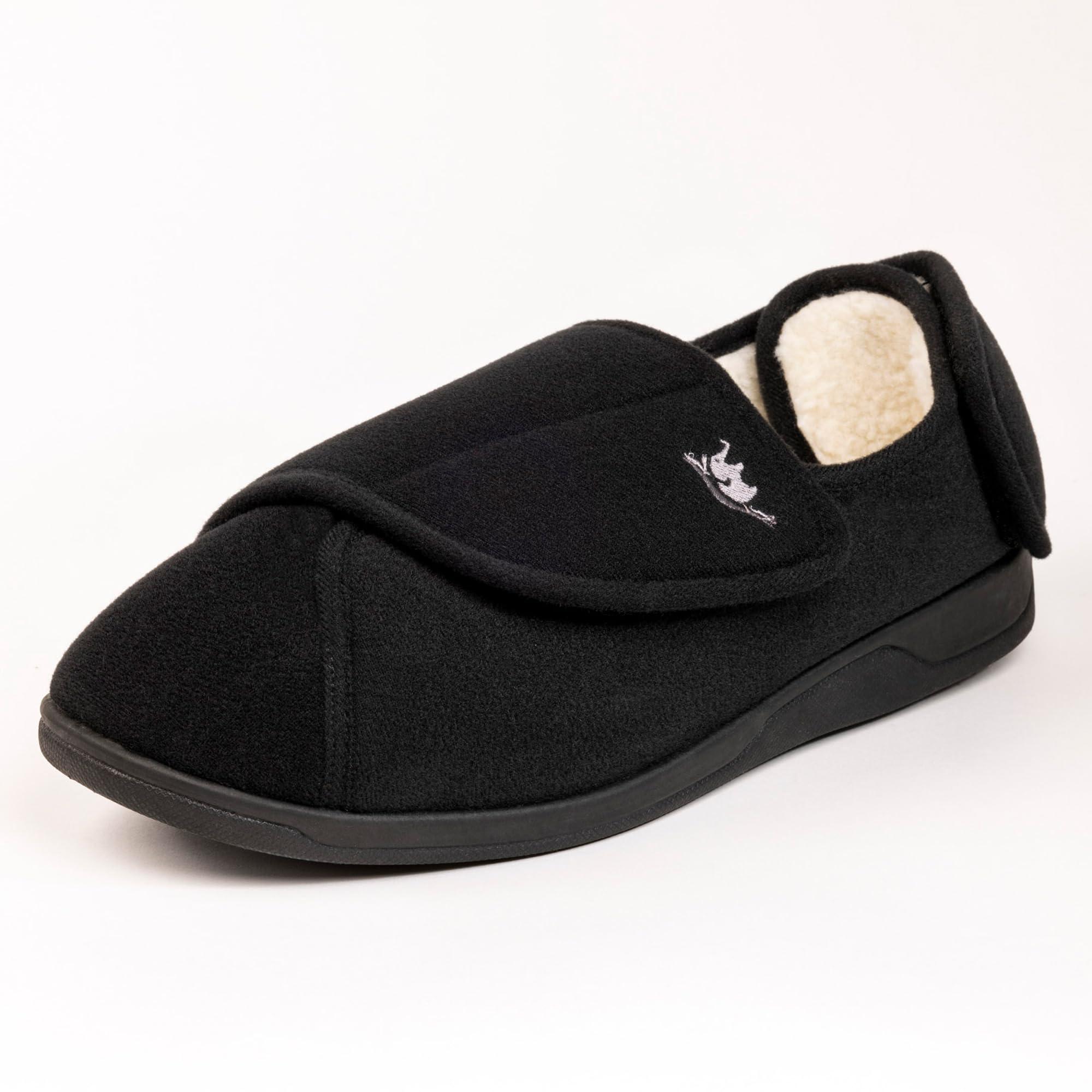 EUROPEAN SOFTEST Womens Memory Foam Diabetic Slippers, Extra Wide Adjustable House Shoes, Plush Fleece for Arthritis, Edema, Swollen Feet, Anti-Slip Rubber Soles, Machine Washable, Indoor Outdoor Use (9, Black/White)