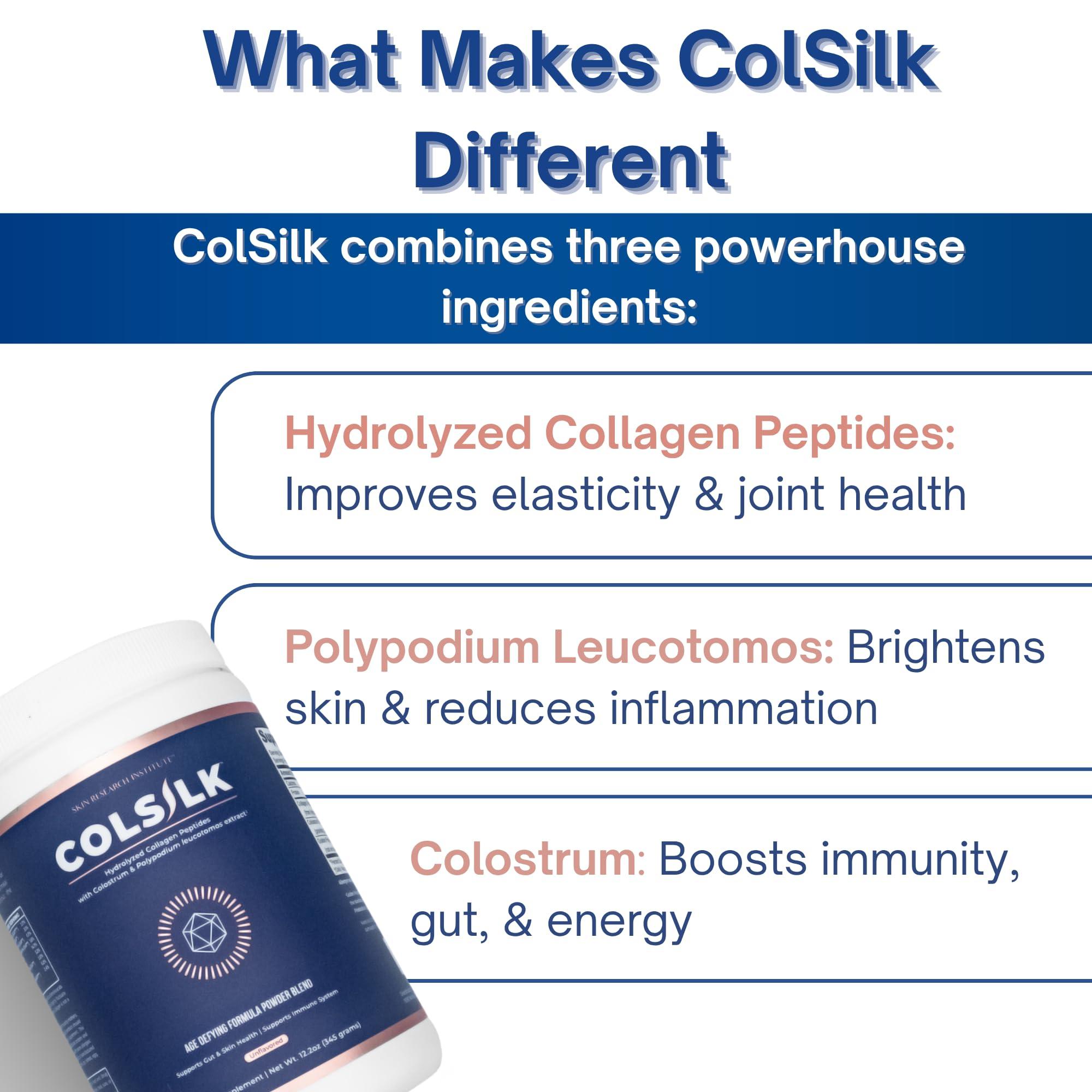 Skin Research Institute Skin Research Institute ColSilk Collagen Powder Supplement with Collagen, Colostrum, and Polypodium for Skin, Hair, Nails, and Joint Support  One Scoop per Serving  Unflavored (1 Month Supply)