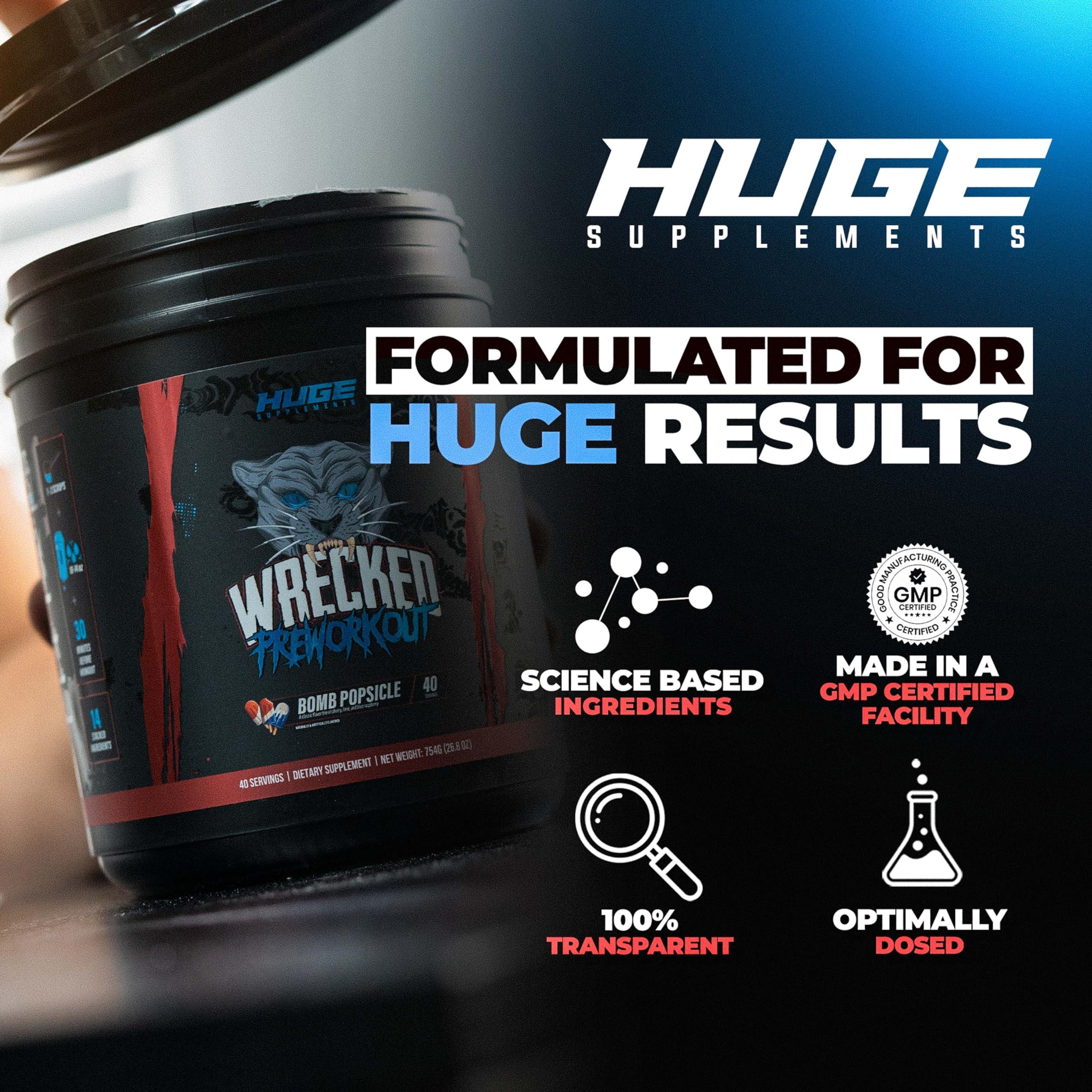 Huge Supplements Wrecked Pre Workout Powder, Advanced Formula, Boosts Energy, Focus, Pumps & Performance, 10g L-Citrulline, 6.4g Beta Alanine, 5g Tyrosine, 1g Alpha GPC, 375mg Fast-Acting Caffeine & More (40 Servings)