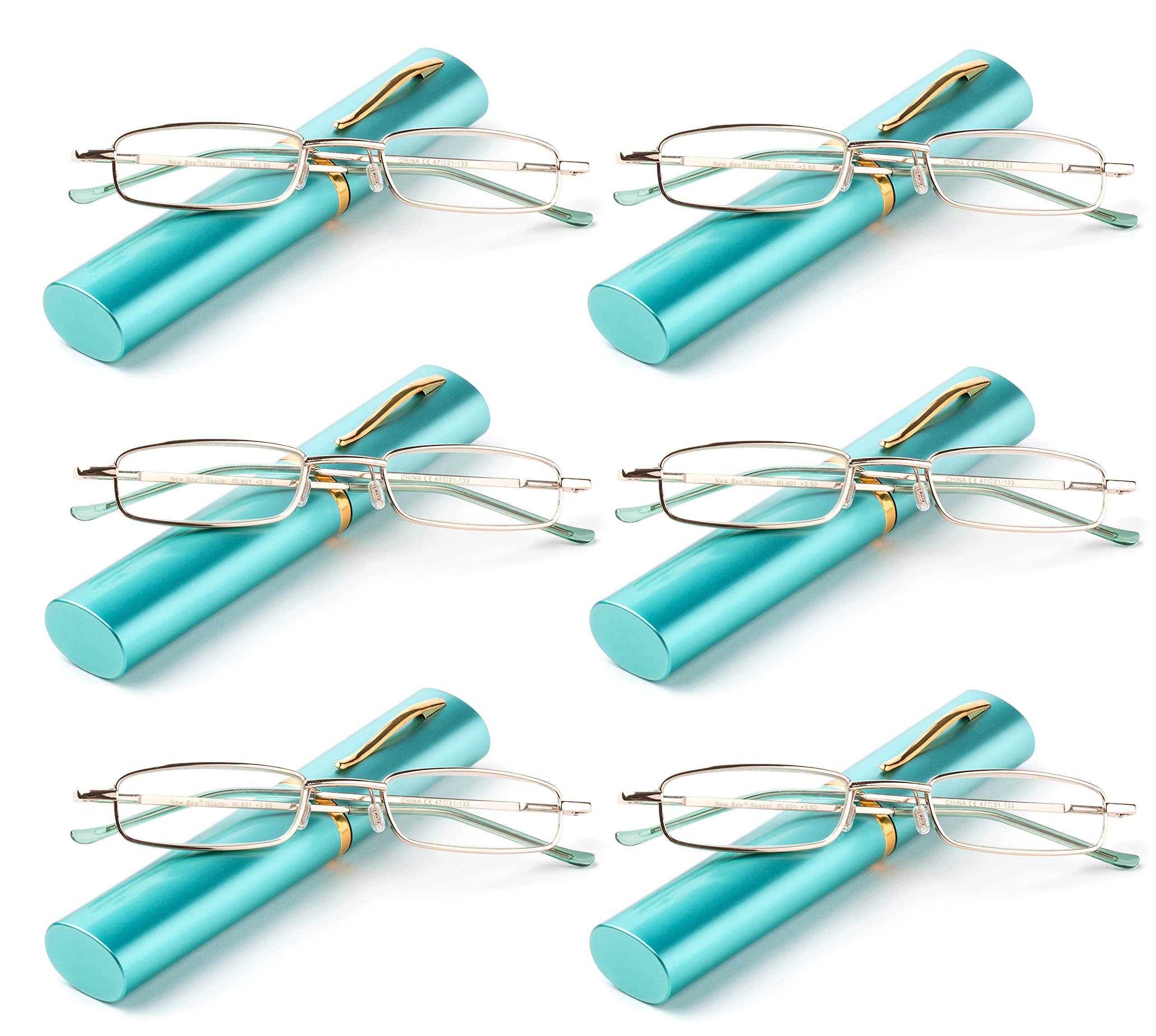 Newbee Fashion Reading Glasses 6 Packs Tube Readers Reading Glasses Portable Reading Glasses in Aluminum Case Teal 2.00