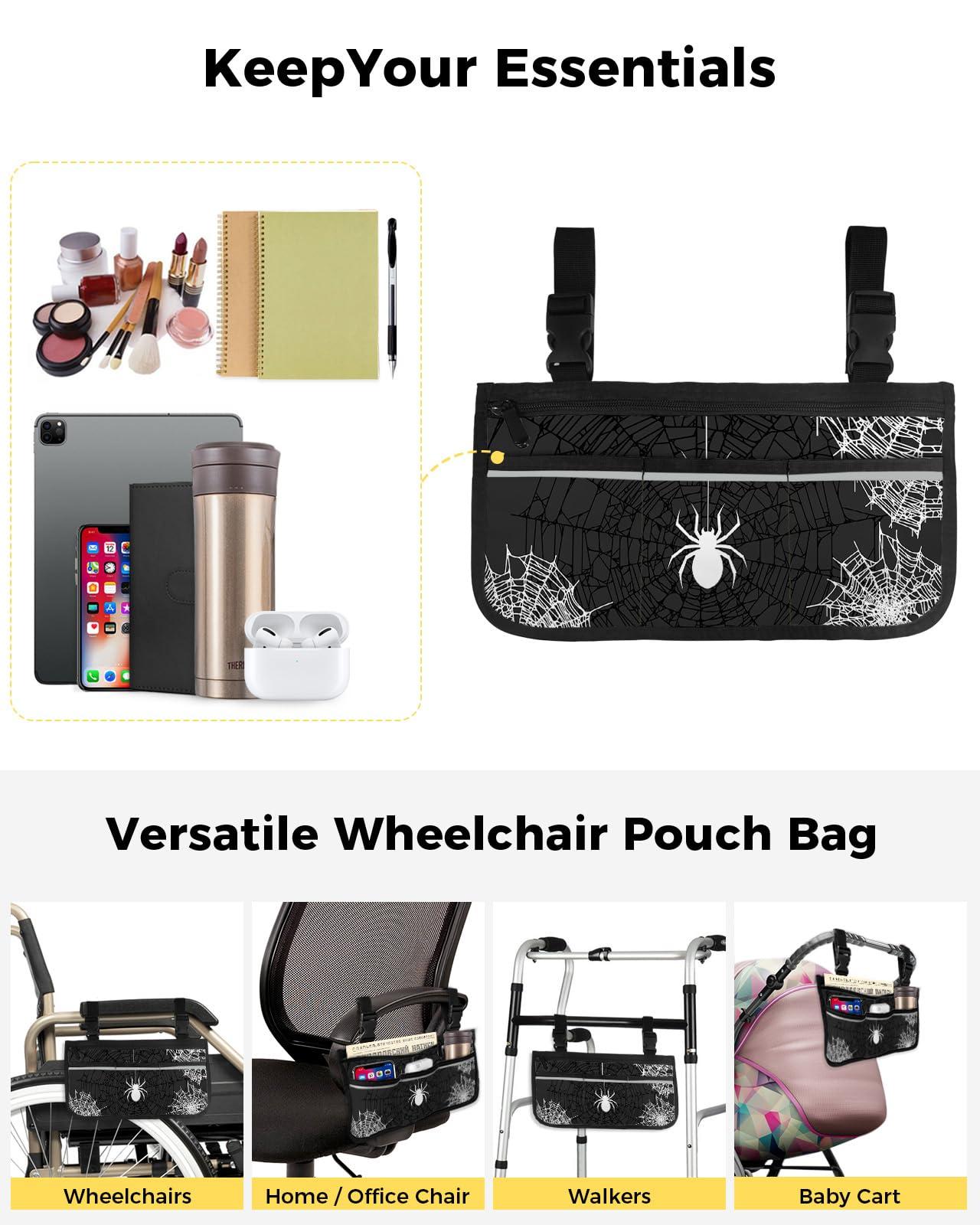 Sabolny Halloween,Wheelchair Side Bag, Wheelchair Walker Armrest Bags with Cup Holder & Reflective Stripes, Mobility Scooter Walker Rollator Wheelchair Accessories Black Grey Horror Watercolor