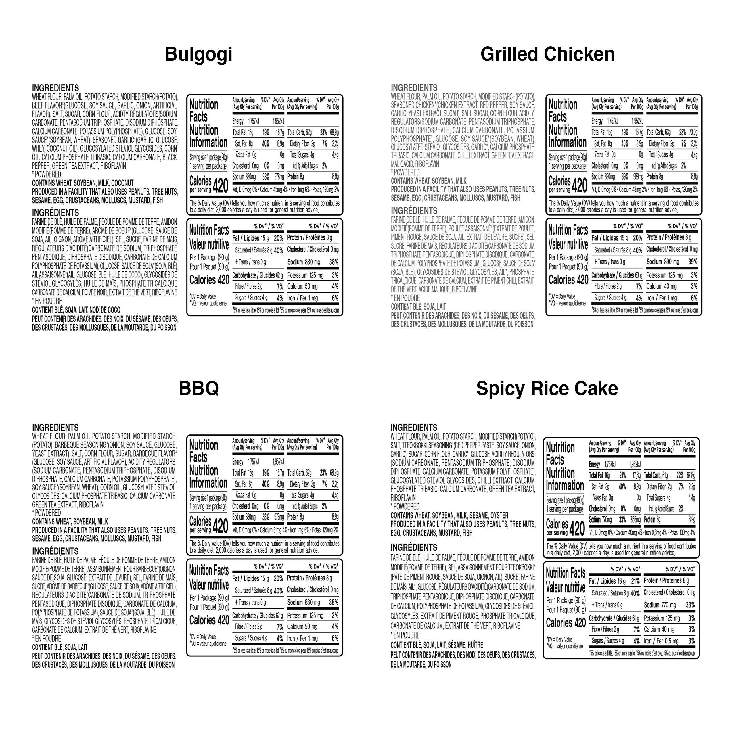 Ottogi OTTOGI PPUSHU PPUSHU Crush to Eat Noodle Snack - 2 of each Bbq, Bulgogi, Grilled Chicken, Spicy Rice Cake Flavors Variety Pack (90g) - 8 Pack