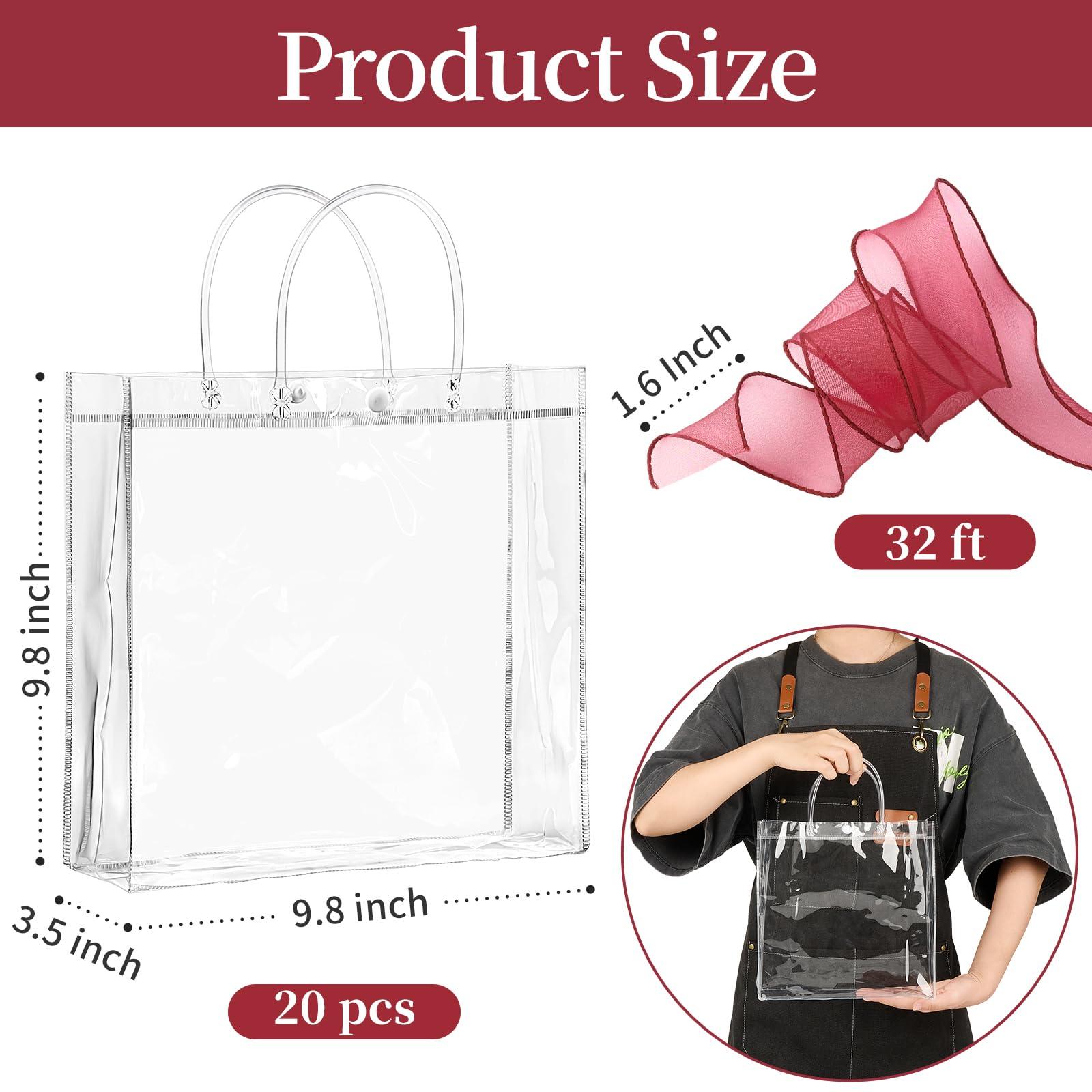 Jutieuo Jutieuo 20 Pack Clear Plastic Gift Bags with Handle, 9.84\" x 9.84\" x 3.54\", Reusable Transparent PVC Gift Wrap Tote Bags Bulk with Ribbons for Wedding, Baby Shower, Birthday Party Favor Bags