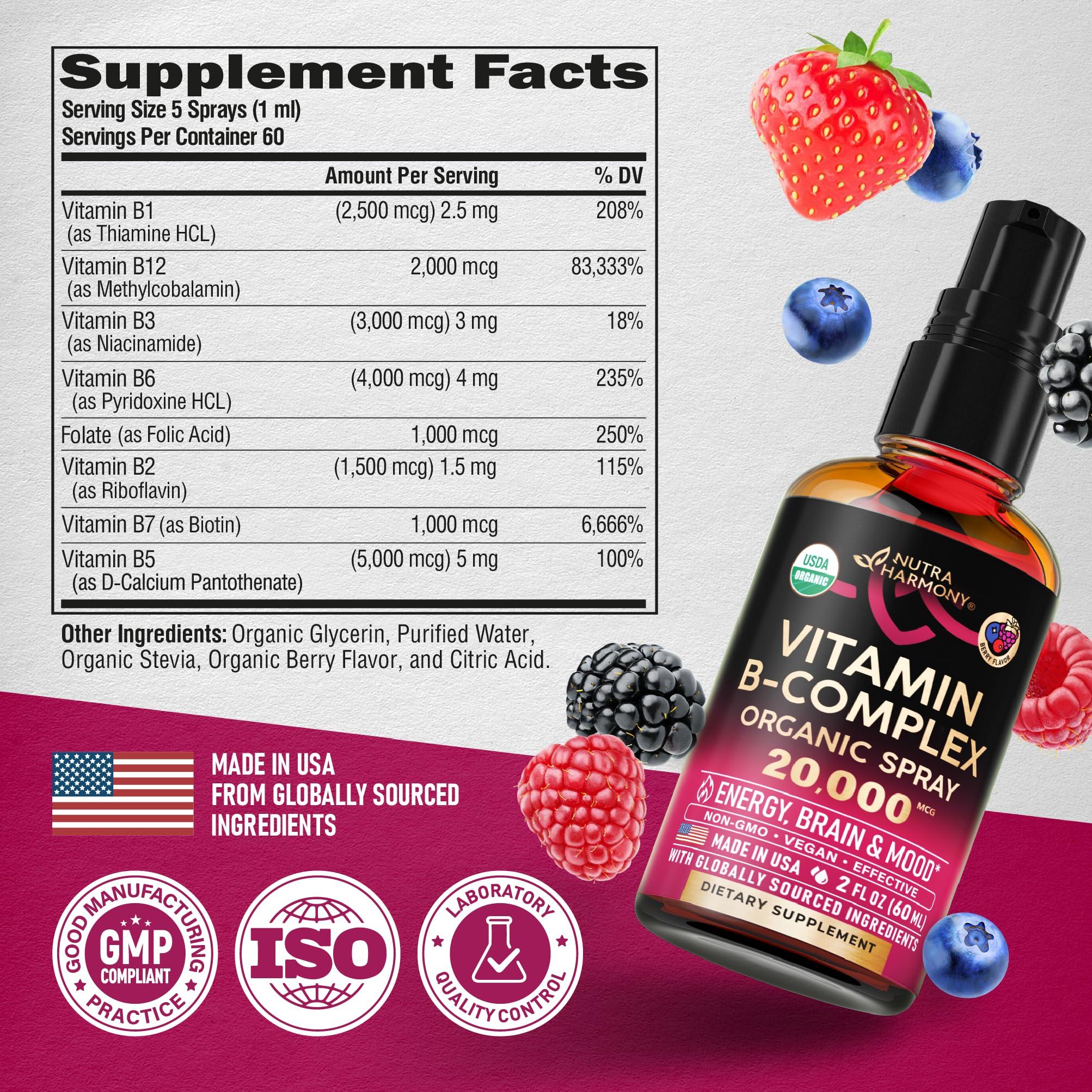 NUTRAHARMONY USDA Organic Vitamin B-Complex Liquid Spray 8-in-1 - B5 Pantothenic Acid | B12 Methylcobalamin | B1 Thiamine | B6 Pyridoxine | B7 Biotin | B9 Folic | B3 Niacinamide - Made in USA Supplement, 2fl oz