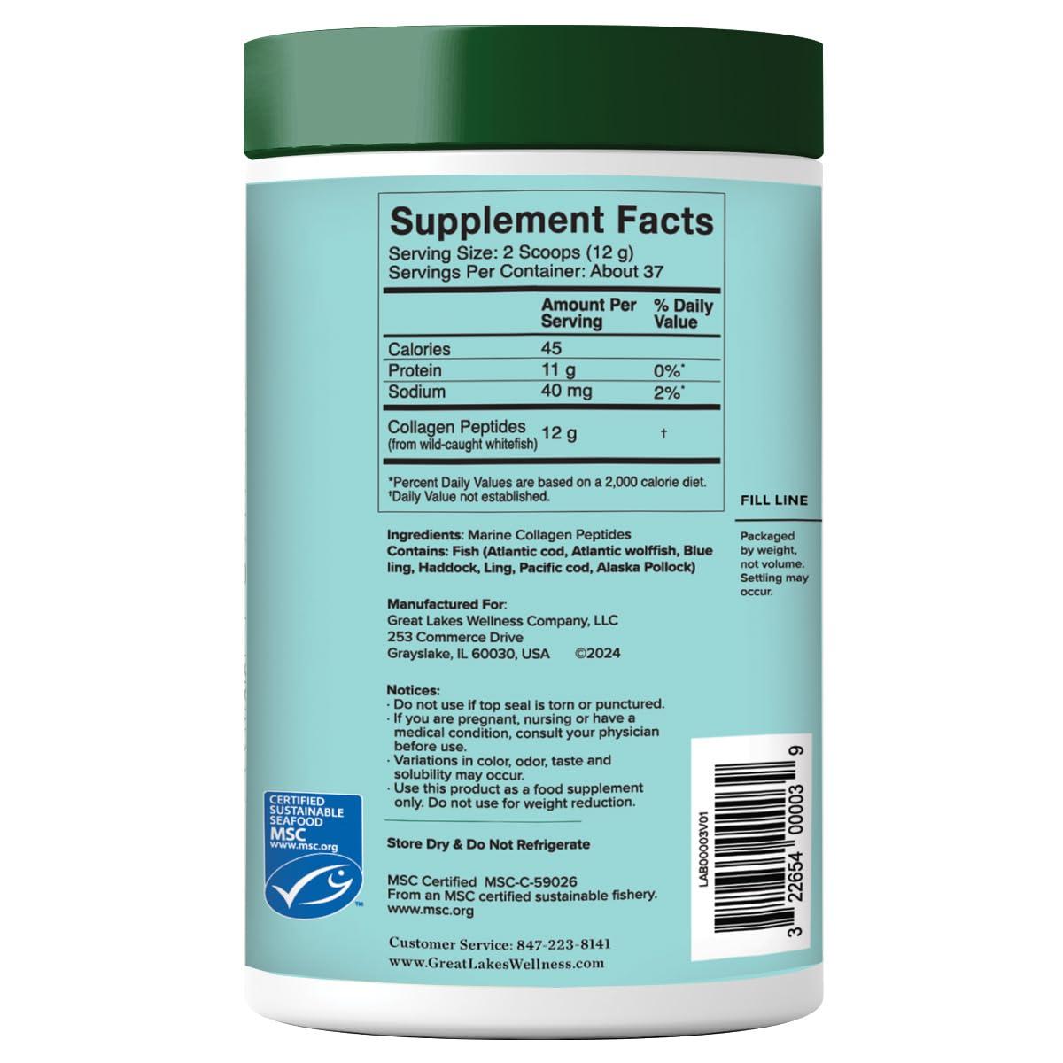 Great Lakes Wellness Great Lakes Wellness Sustainable Marine Collagen Peptides Powder for Skin, Hair, Nails, Joints & Digestion - Unflavored - Quick Dissolve Hydrolyzed, Wild Caught, MSC Certified, Non-GMO, Kosher - 8 oz