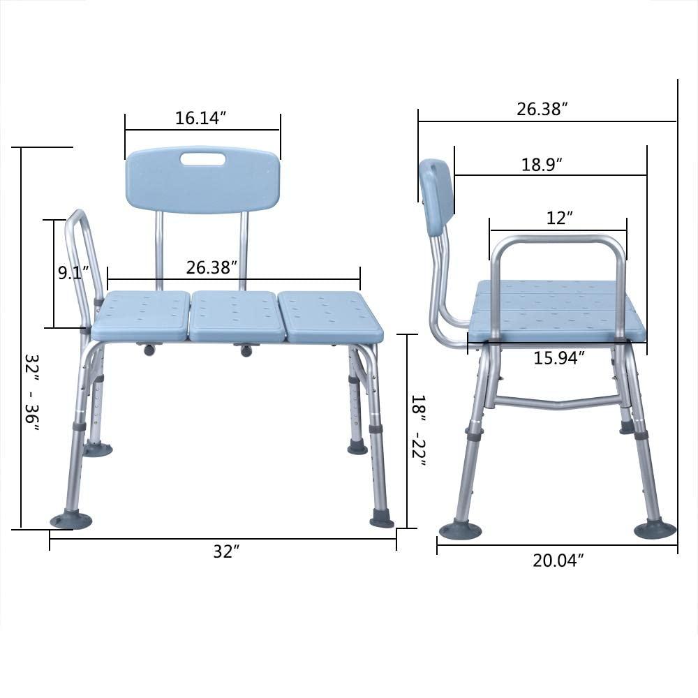 Heafront Adjustable Tub Transfer Bench with Backrest and Handle - Aluminum Medical Shower Chair and Bath - Elderly and Handicap Bathroom Safety Equipment