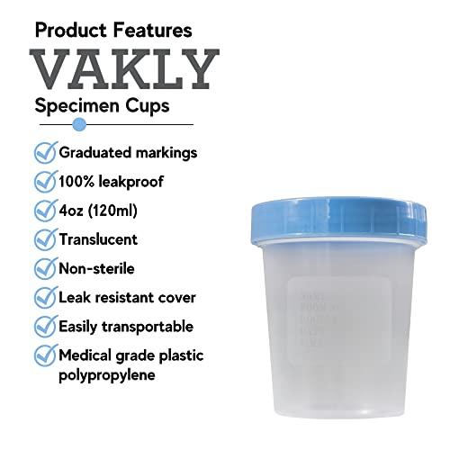 Vakly Specimen Cups With Leak Proof Screw on Lids - 4oz [Pack of 50] Clear Non-Sterile Urine Sample Jars - Containers for Safe Pee, Stool, Semen Sample Collection for Testing (50)