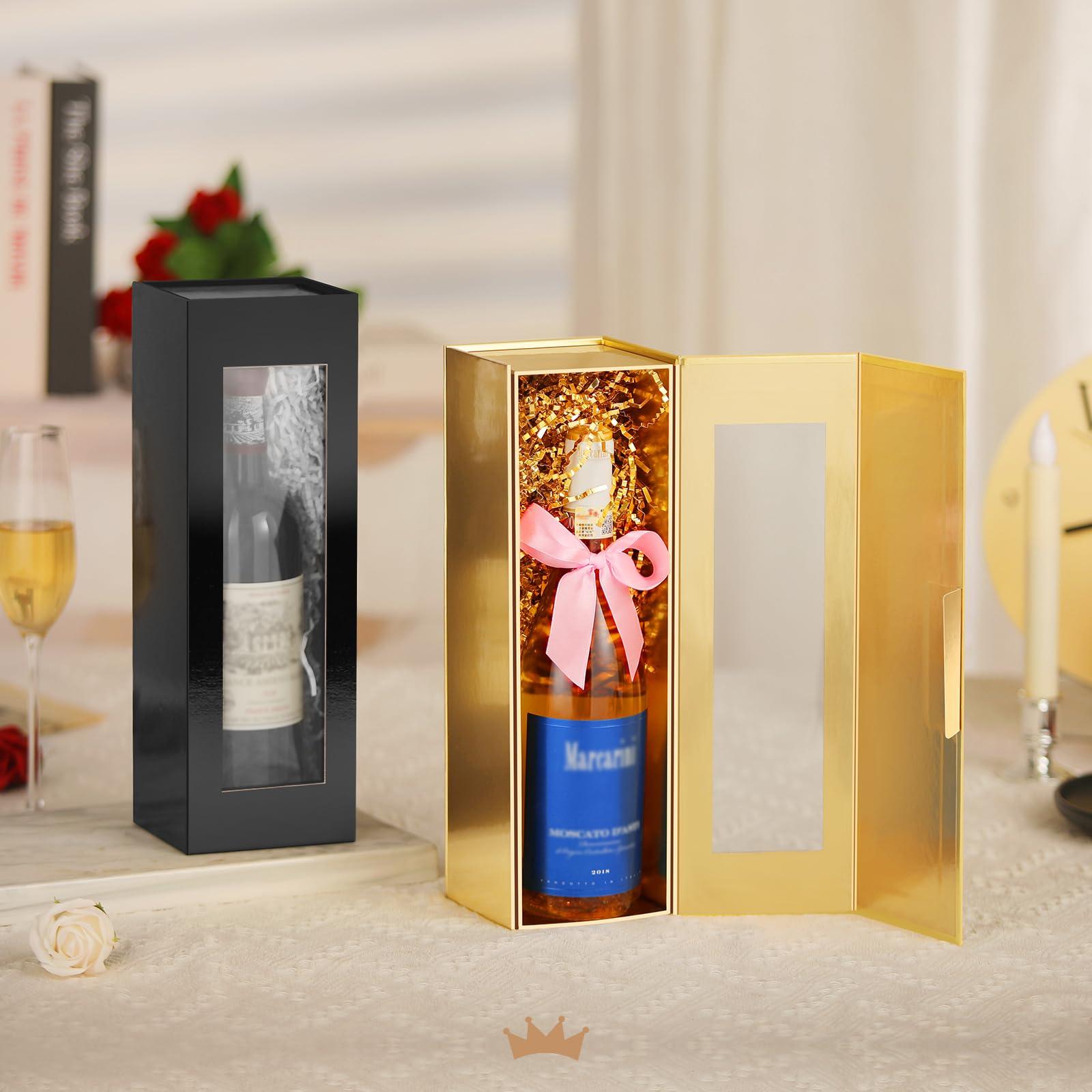 PACKQUEEN PACKQUEEN 6 Wine Gift Boxes with Window, 13.5x4.5x4 Inches Gold Bottle Gift Boxes for Liquor and Champagne, Reusable Collapsible for Christmas Wedding Anniversary Festivals Party Present (Glossy Gold)