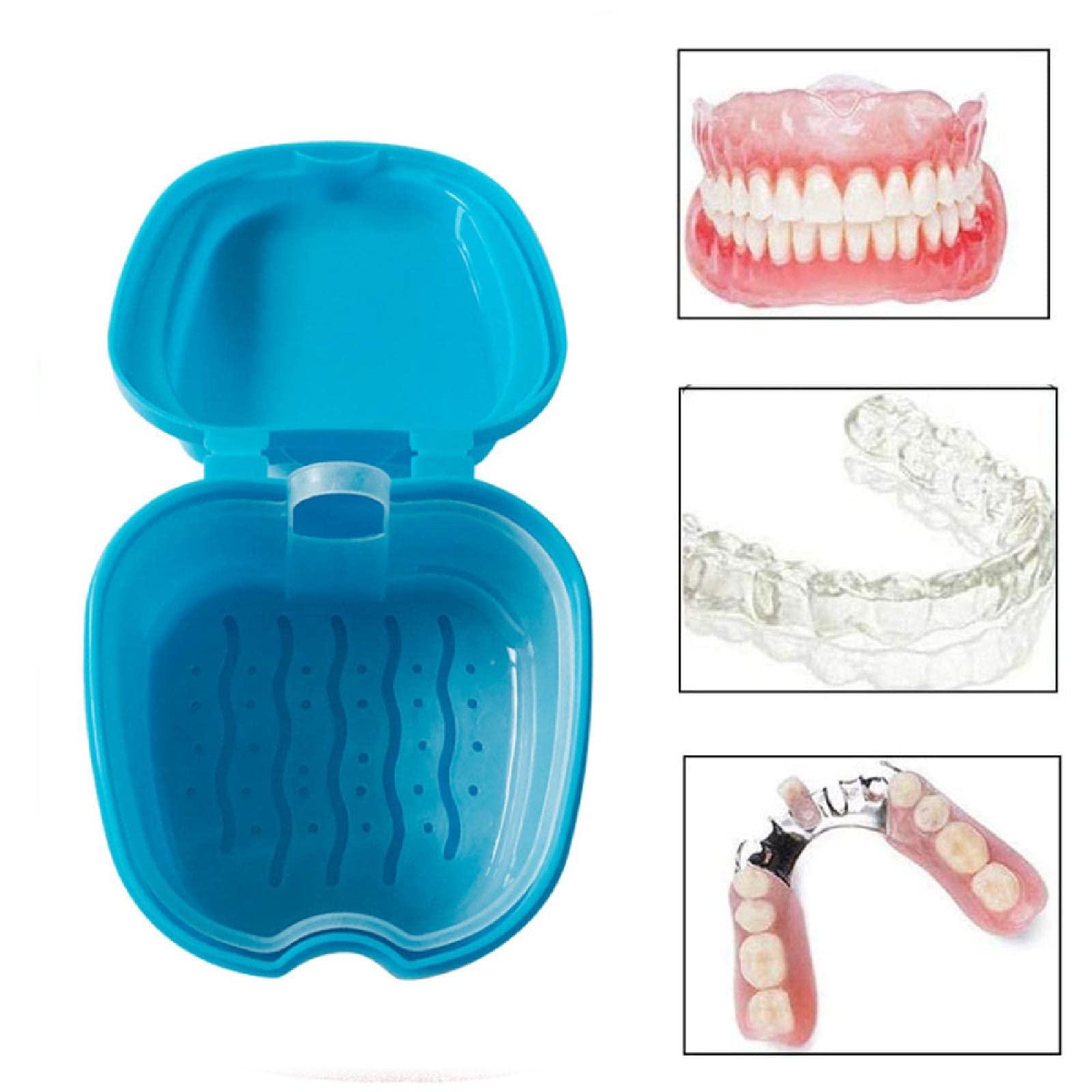 SEIWEI Denture Bath Case Cup Box Holder Storage Container with Strainer Basket for Retainer False Teeth Travel Cleaning (Light Blue)