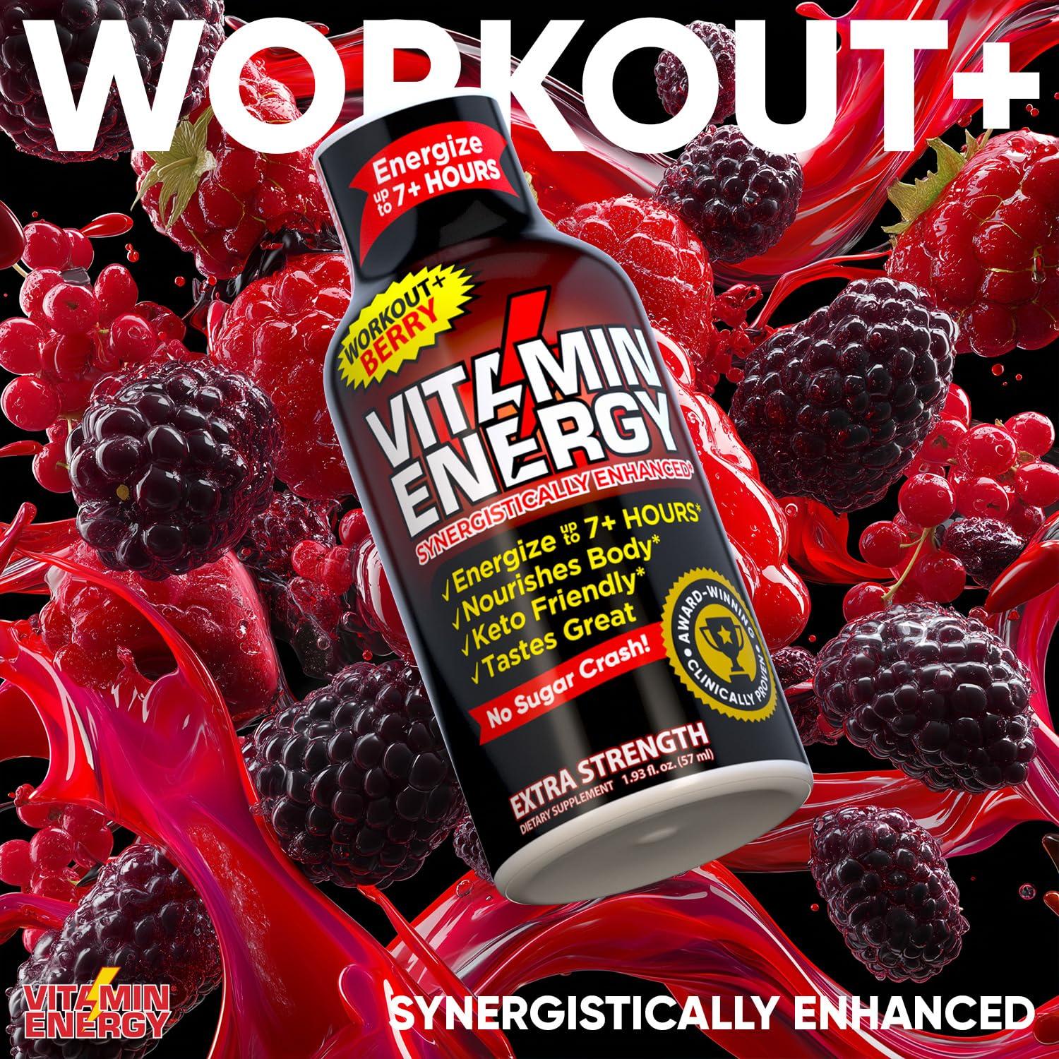 Vitamin Energy Vitamin Energy Pre Workout Drink - Keto Friendly Sugar Free Shots | Natural Clean Green Tea Caffeine with Proprietary Endurance Blend | Energize up to 7+ Hours - Berry - 1.93 Fl Oz- Pack of 48