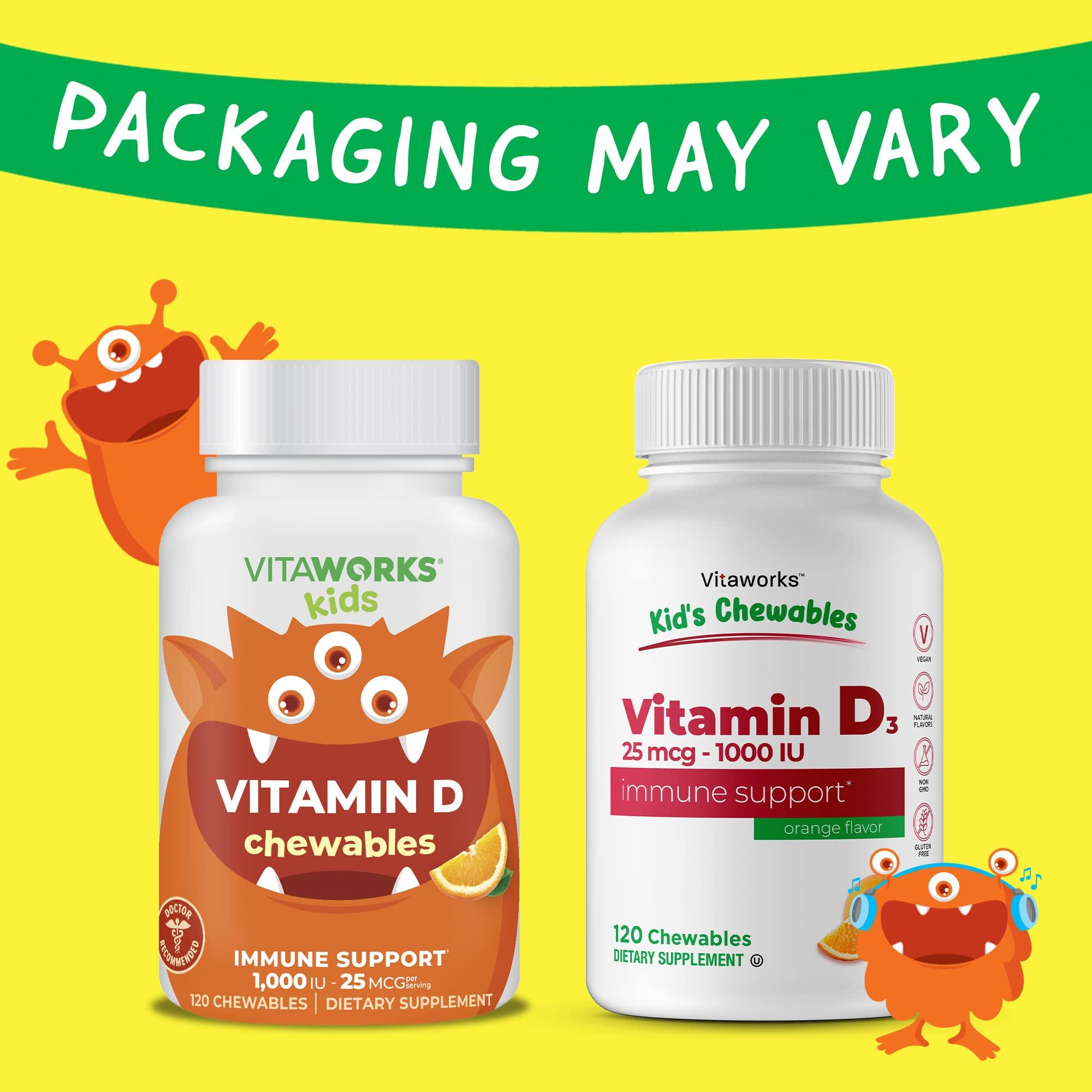 VitaWorks VitaWorks Kids Vitamin D 1000 IU Chewable Tablets - Tasty Natural Orange Flavor - Vegan, GMO-Free, Gluten Free, Nut Free Vitamins - Dietary Supplement for Immune Support - for Children - 120 Chewables