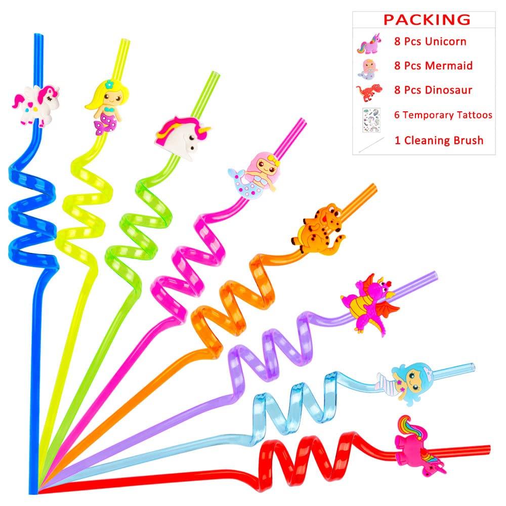 DLSMDOUS 24 Reusable Drinking Plastic Straws + 6 Temporary Tattoos or 6 Silicone bracelets for Girls and Boys Birthday Party Decorations with Unicorn,Mermaid,or Dinosoaur,plus 1 Cleaning Brush