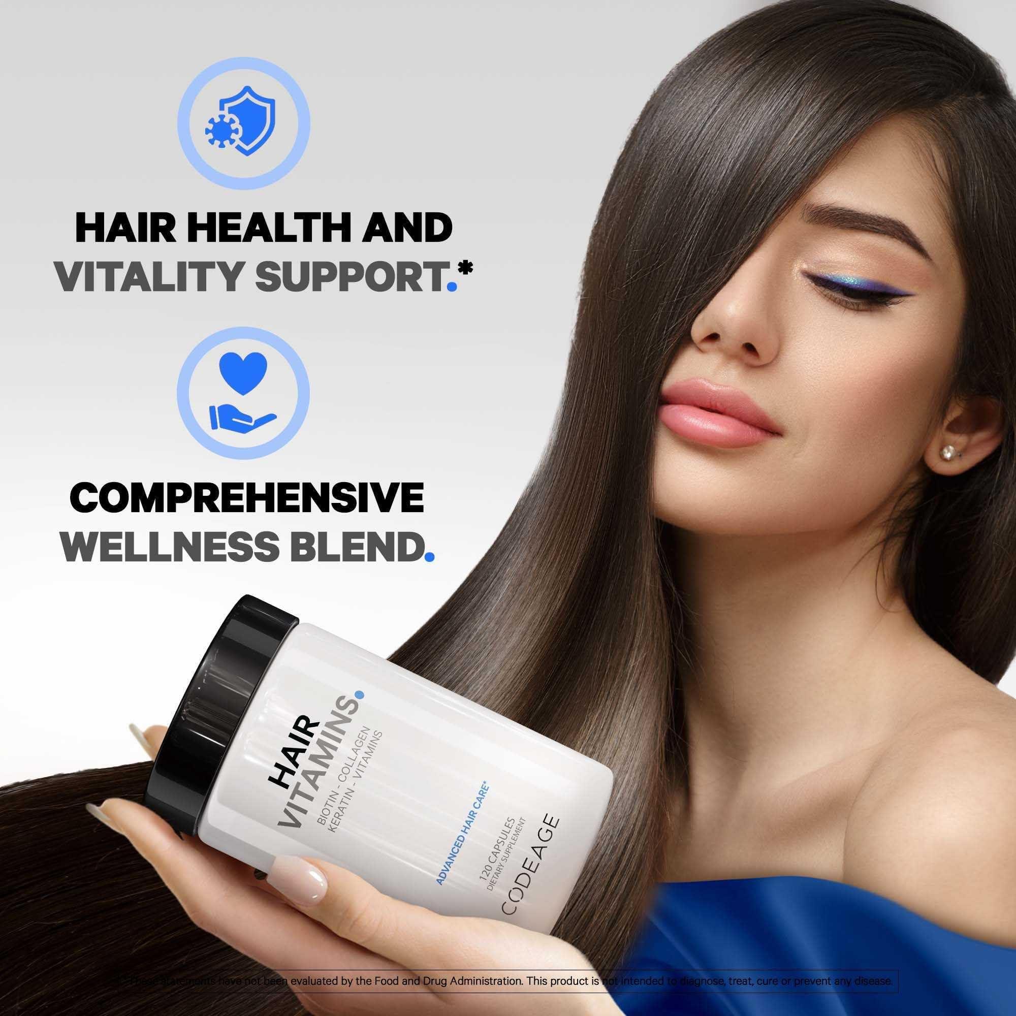 Codeage Codeage Hair Vitamins 10000 mcg Biotin, Keratin, Collagen, Vitamin A, B12, C, D3, E, Zinc, Turmeric, Probiotics, Enzymes, Inositol - Hair Care Support - Healthy Hair Supplement Pills - 2 Pack
