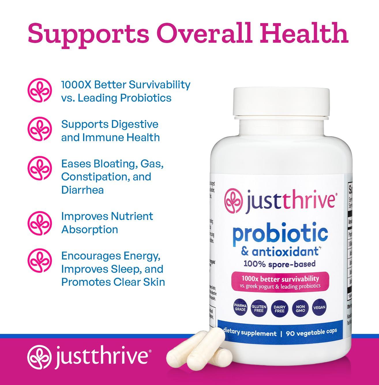 Just Thrive Just Thrive Probiotic & Antioxidant Supplement - 100% Spore-Based Digestive and Immune Support - Gluten Free, 90 Caps