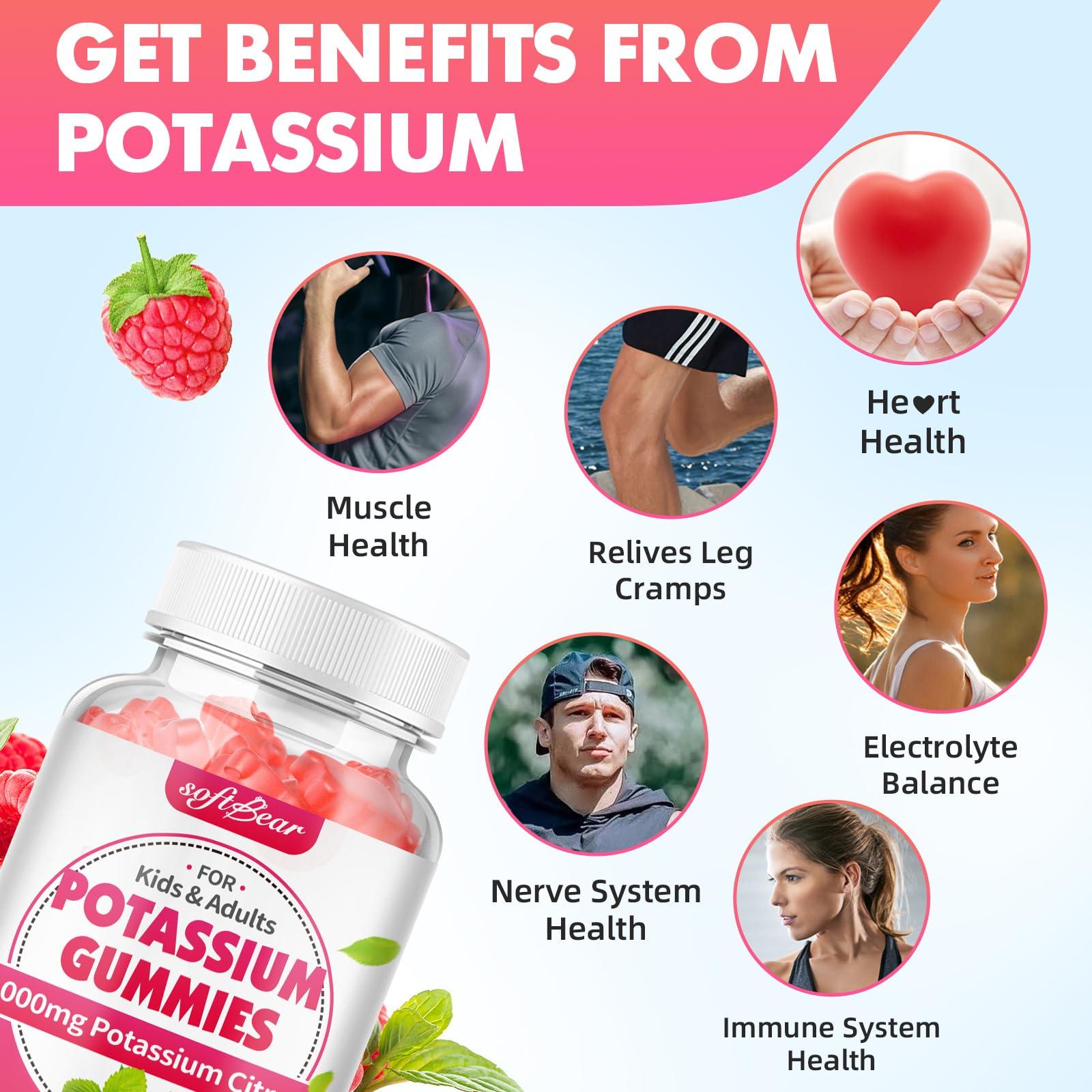softbear softbear Potassium Gummies for Adults, High Potency Potassium Citrate 1000mg Supports Leg Cramps & Muscle Health Organic Potassium Supplement Gummies Raspberry Flavor 60 Count