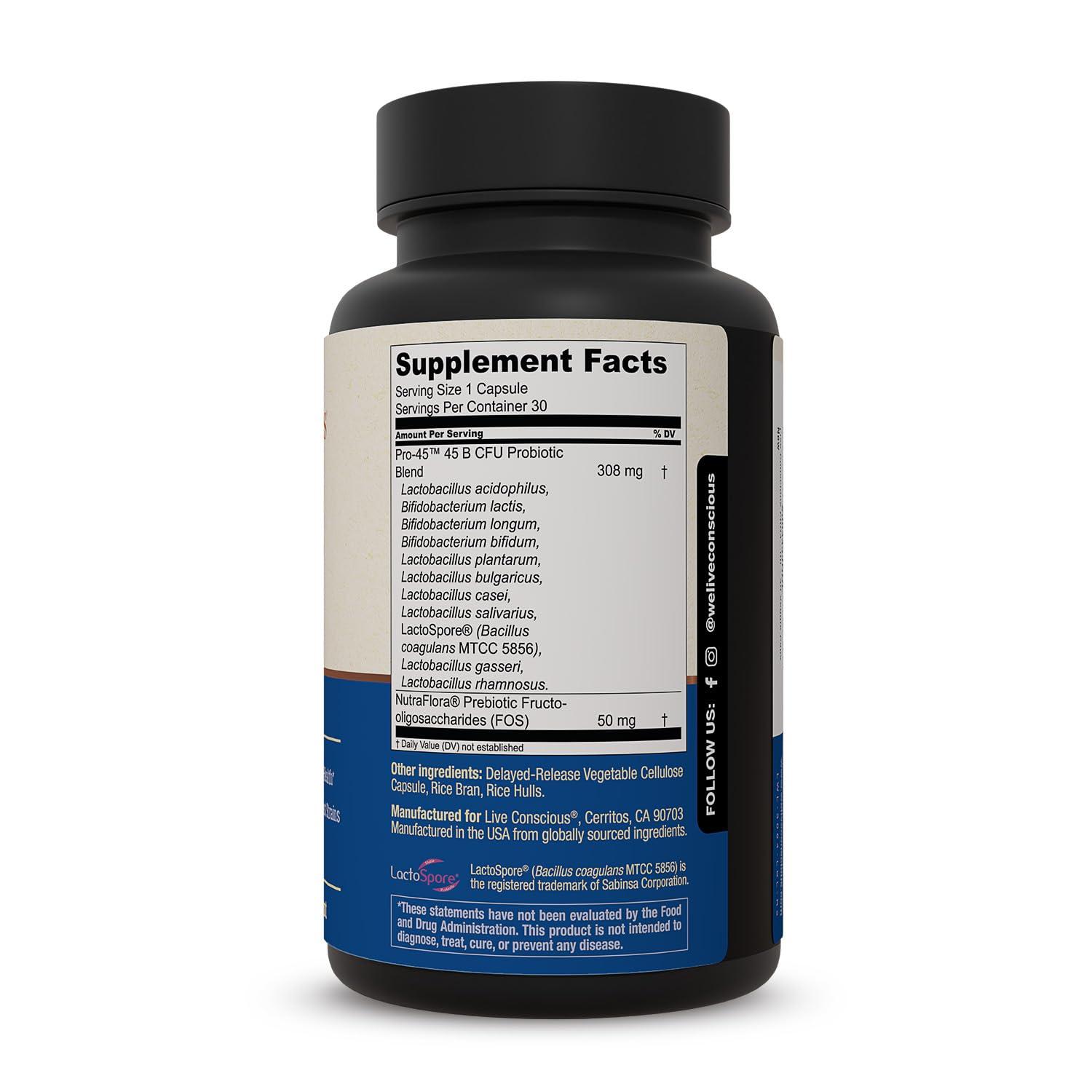 Live Conscious Live Conscious PRO45: Probiotic Formula, 45 Billion CFU, 11 Comprehensive strains. Dairy Free. Delayed Release Veggie caps. Promotes Immune and Digestive Health. 60 Capsules (2-Pack)