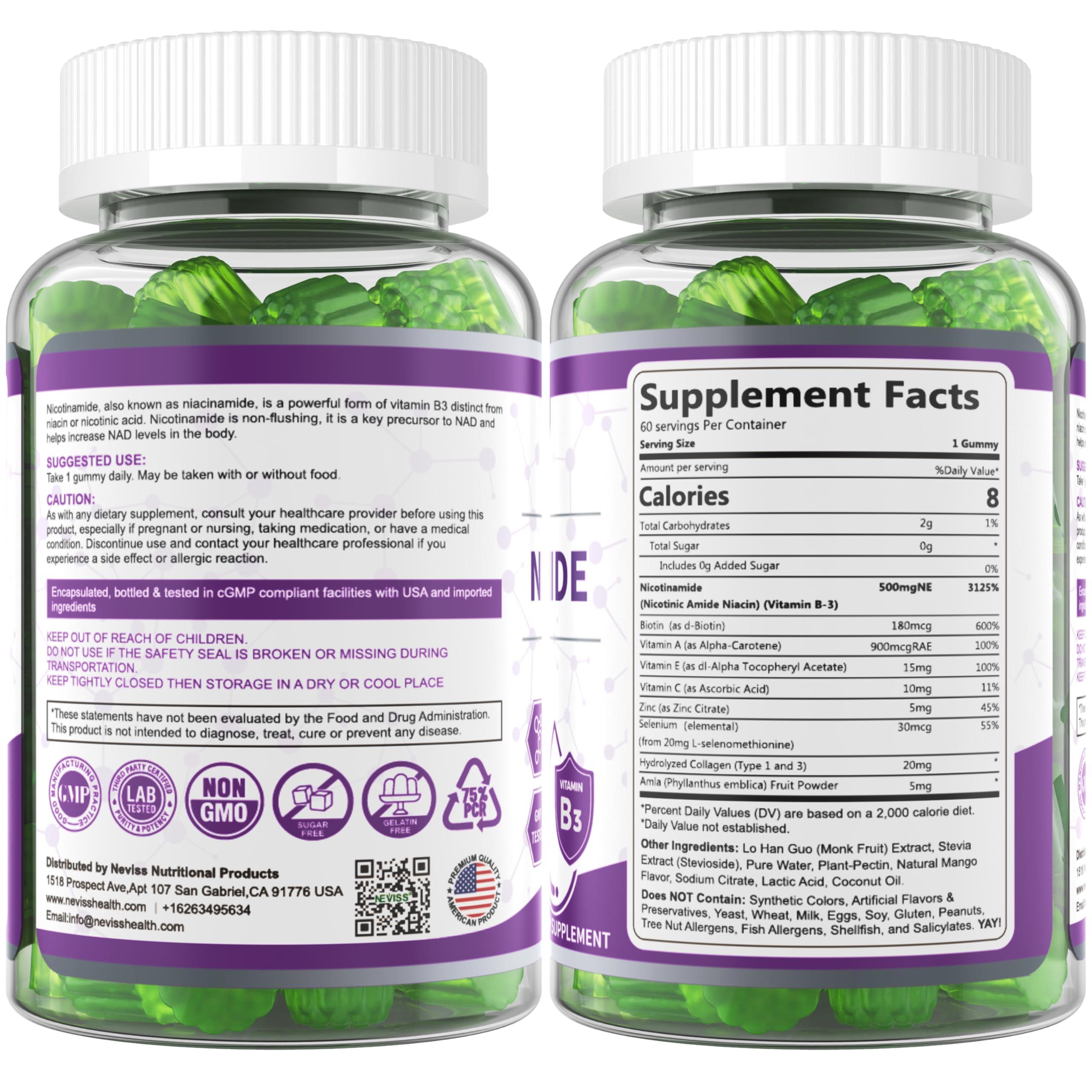 NEVISS Sugar Free Nicotinamide 500mg Gummies, (Flush Free Niacin) Vitamin B3 Niacinamide Supplement for Cellular Energy Metabolism & Repair, Vitality, Healthy Aging, Cranberry Flavor, Easy to Chew, 120 Cts