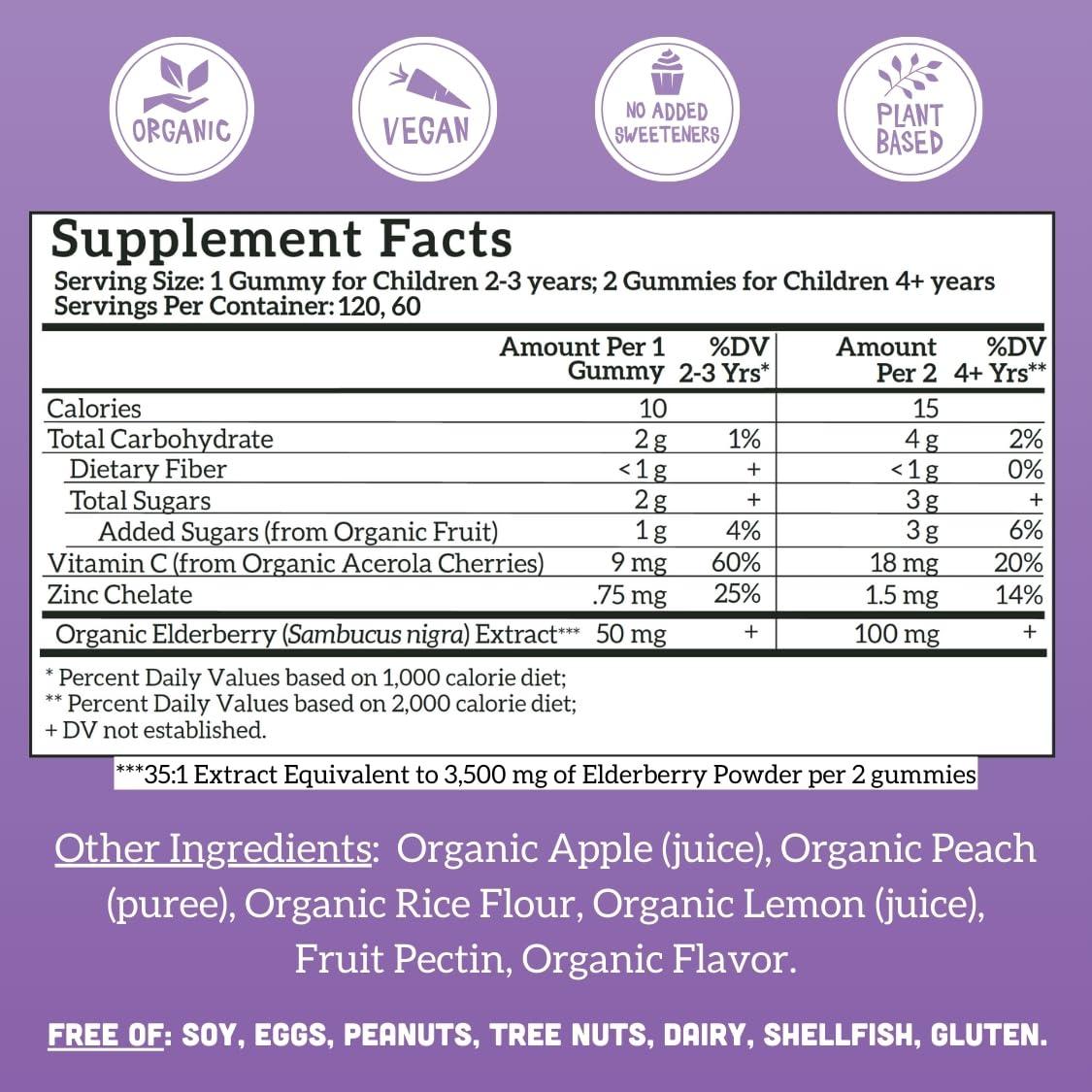 Llama Naturals Llama Naturals Real Fruit Sambucus Elderberry Gummies for Kids, No Added Sugar Cane, Vegan, Organic Toddler Immune Support, Zinc & Vitamin C Children 120 Count (2-4 Month Supply)