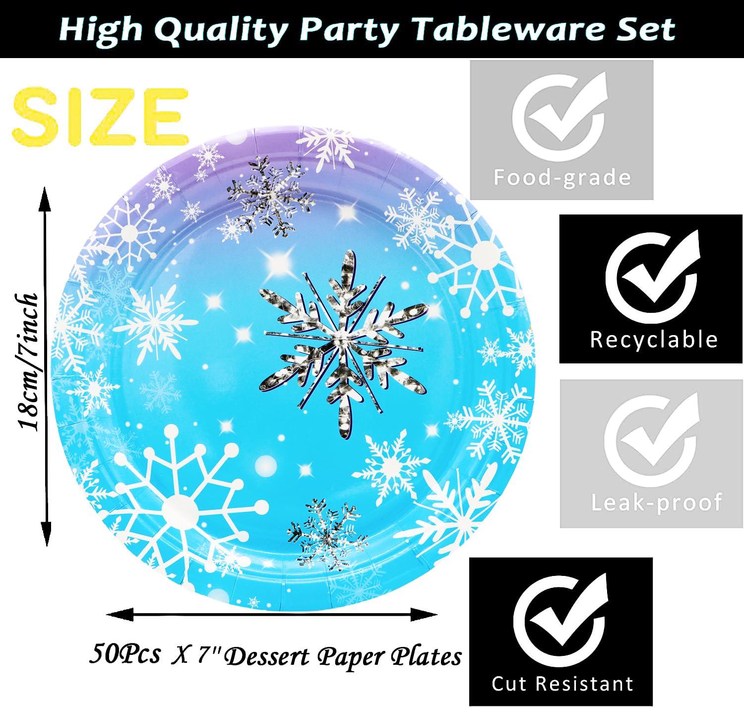 GOGUOGOFA 50Pcs Frozen Snowflake Party Supplies,Snowflake Paper Plates,7\"Snowflake Plates Disposable Chrisstma Plates for Winter Snowflake Theme Wonderland Holiday Xmas Snowflake Birthday Party Decor(Blue)