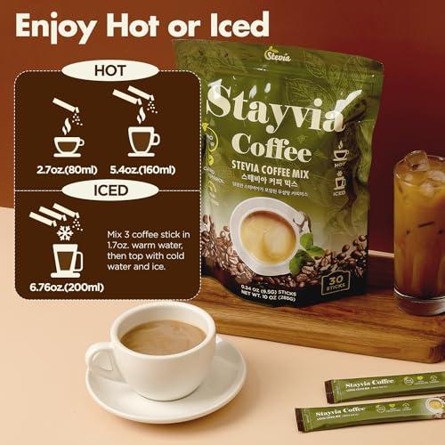 STAYVIA COFFEE STAYVIA COFFEE Stevia Instant Coffee Packets - Korean Instant Latte with Sugar-Free & Low Calories - 30 Sticks (0.33oz) - Plant-Based Sweetener - Enjoy Caffeine Hot & Cold at Office, Home & Travel