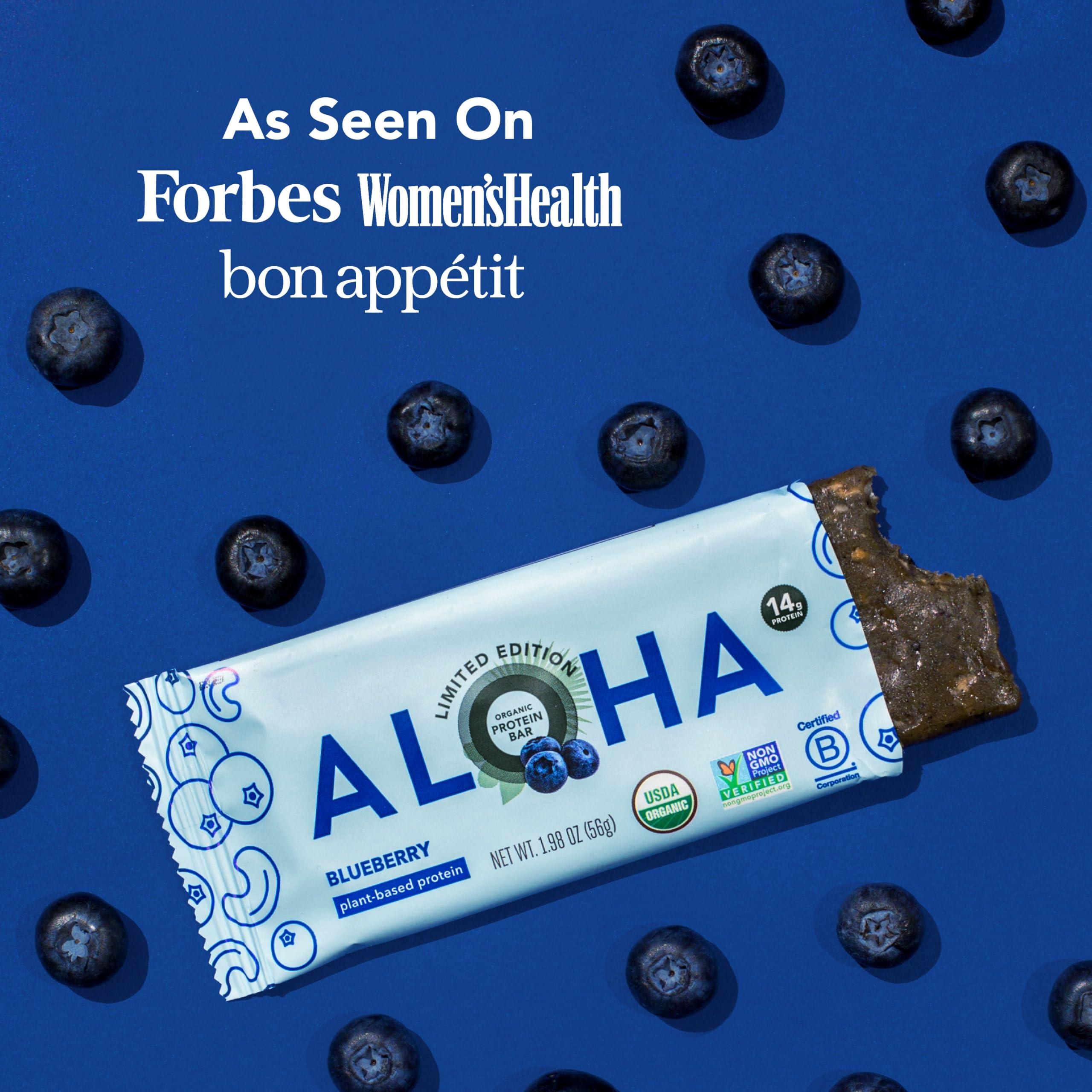 ALOHA ALOHA Organic Plant Based Protein Bars - Blueberry Bars, Vegan, Low Sugar, Gluten-Free, Low Carb, Non-GMO, No Stevia, No Erythritol - 12 Count (Pack of 1)