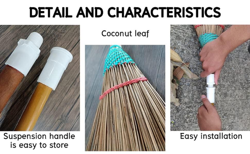 AW BROOMS Garden Broom, 61 Inch, Natural Coconut Leaf Broom,Outdoor Brooms, Sweep Snow and Wet Leaves Multi-Surfaces Sturdy Outdoor Coconut Leaf Broom Bamboo Stick Handle Durable Broom Asian Heavy Duty Broom