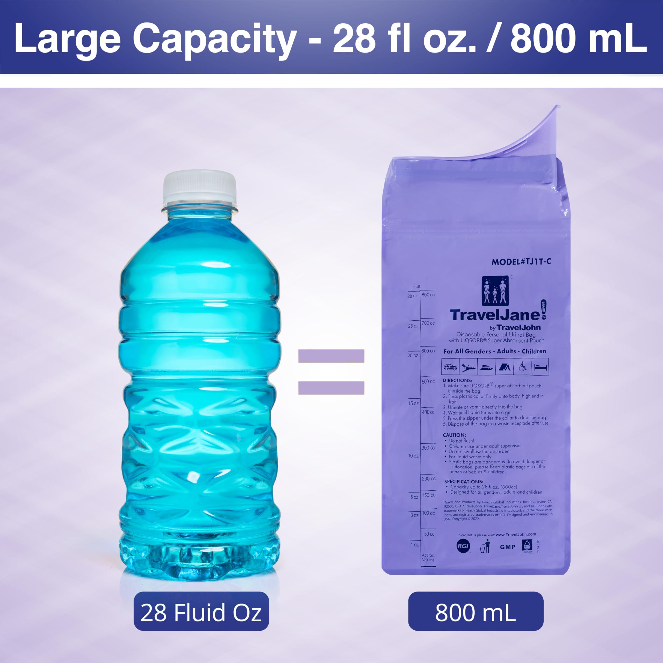 TravelJohn TravelJane Resealable Disposable Urinal for All Genders, Adults, and Children (6 Pack) Designed for Emergencies, Travel, Camping, Long Car Rides and More - 28oz/800ml Capacity (TJ1T-C)