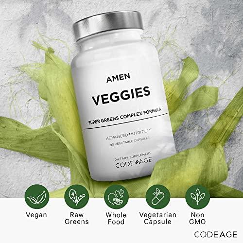 Amen Amen Veggies, Daily Veggies Vitamins Supplement, Vegetables Vegan Blend & Whole-Food Raw Greens Multivitamin Capsules, Mushroom Complex, Superfood, Minerals, Green Vegetable Nutrients, Non-GMO, 90 ct
