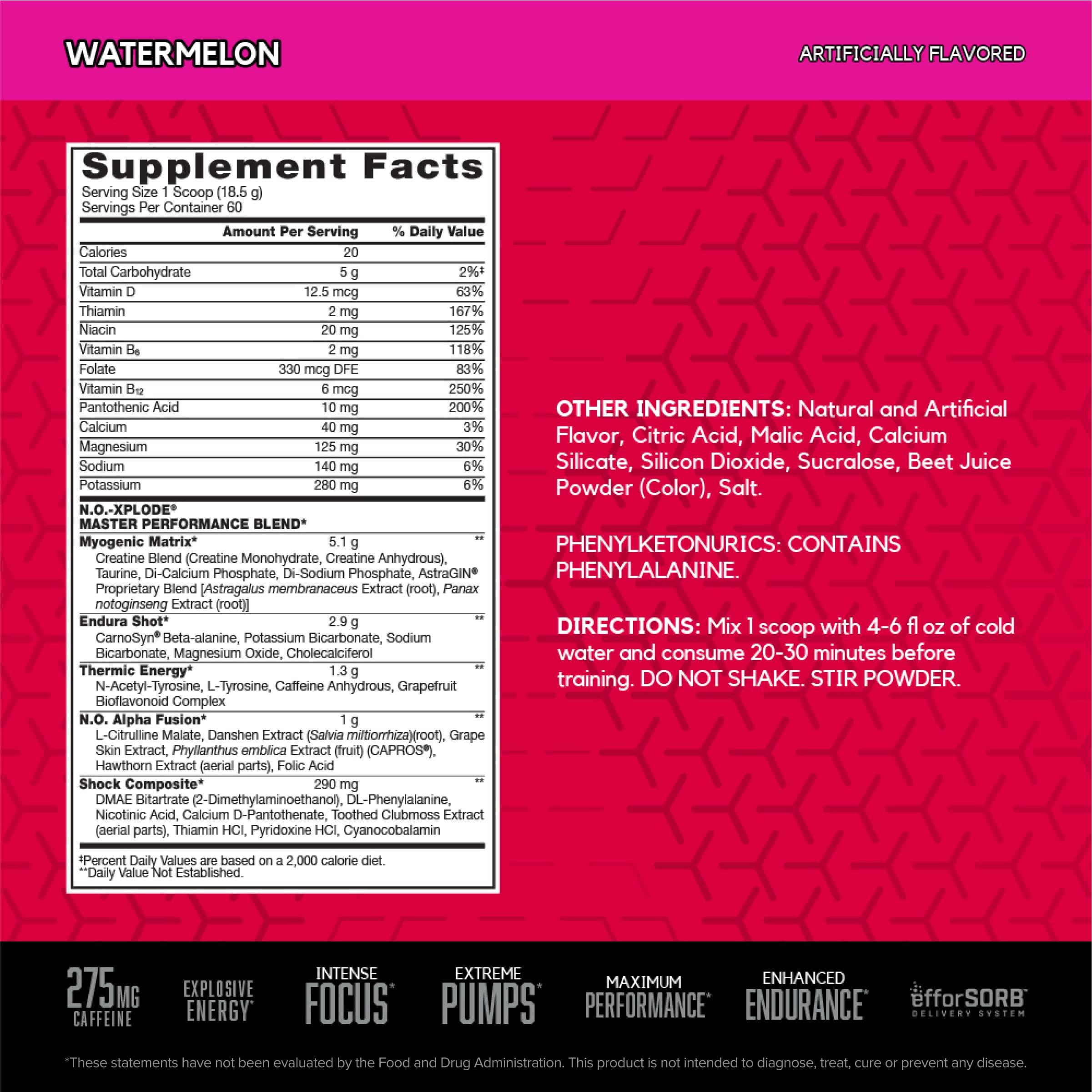 BSN BSN N.O.-XPLODE Pre Workout Powder, Energy Supplement for Men and Women with Creatine and Beta-Alanine, Flavor: Watermelon, 60 Servings