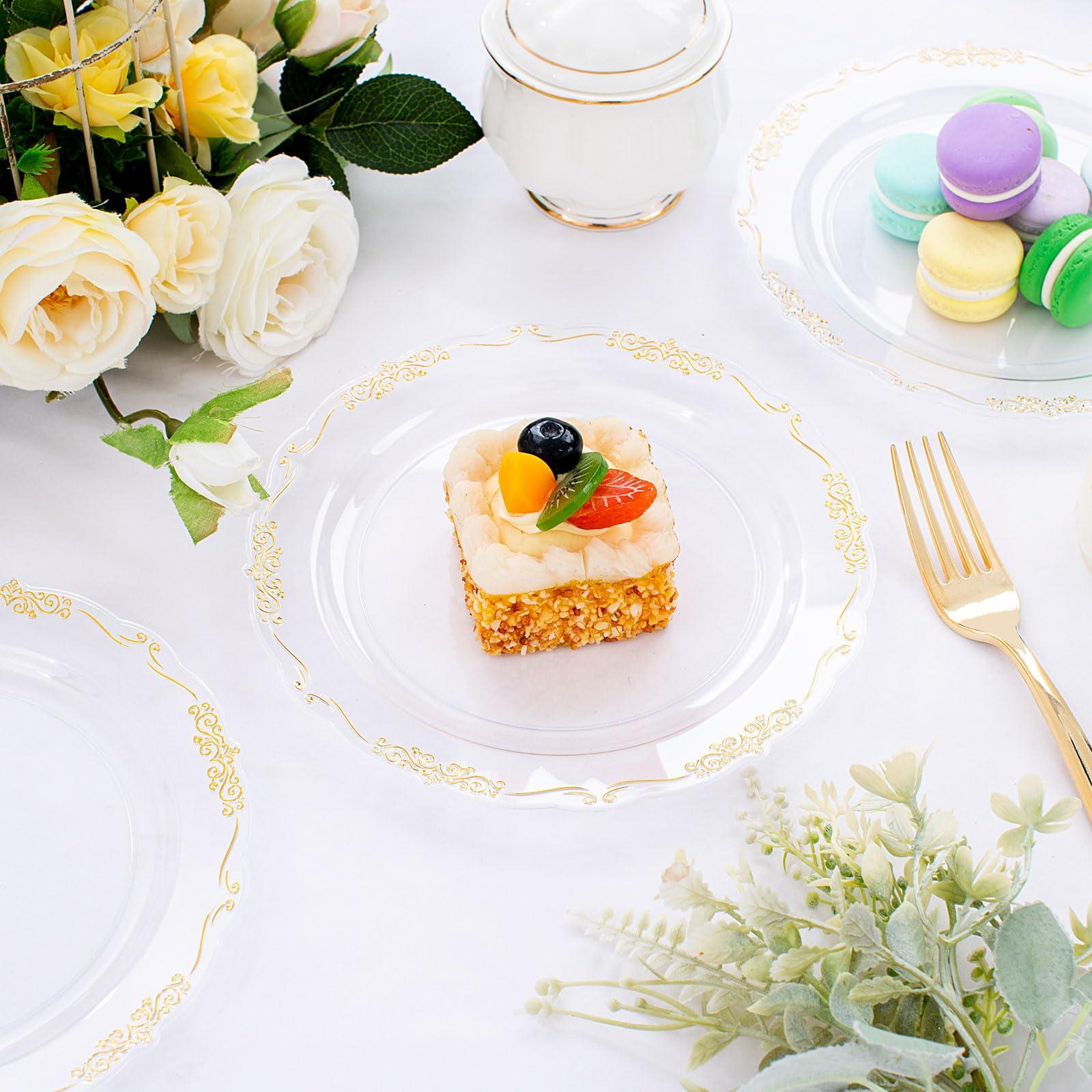 DaYammi DaYammi 60PCS Clear Plastic Plates Heavy Duty Clear Disposable Plates 7.5 Fancy Gold Dessert Plates Small Cake Plates Appetizer Plates Hard Round Plastic Plates Disposable for Wedding and Party