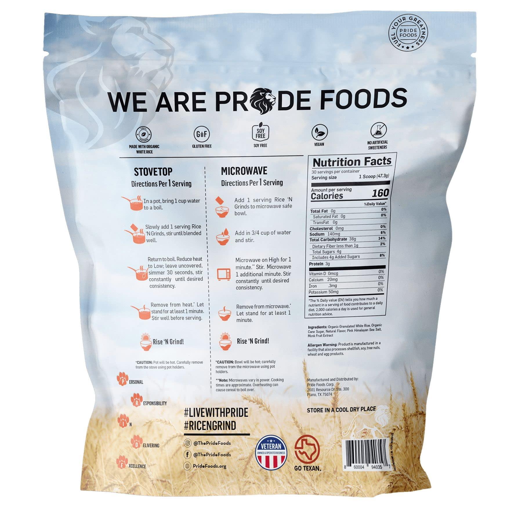 Pride Foods est 2018 Pride Foods Rice \'N Grinds Hot Cereal - Gluten-Free, Non-GMO, Vegan-Friendly, Natural Rice Breakfast, Quick & Easy Hot Meal, Low-Fat Comfort Food, 30 Servings, Coconut Cream Pie