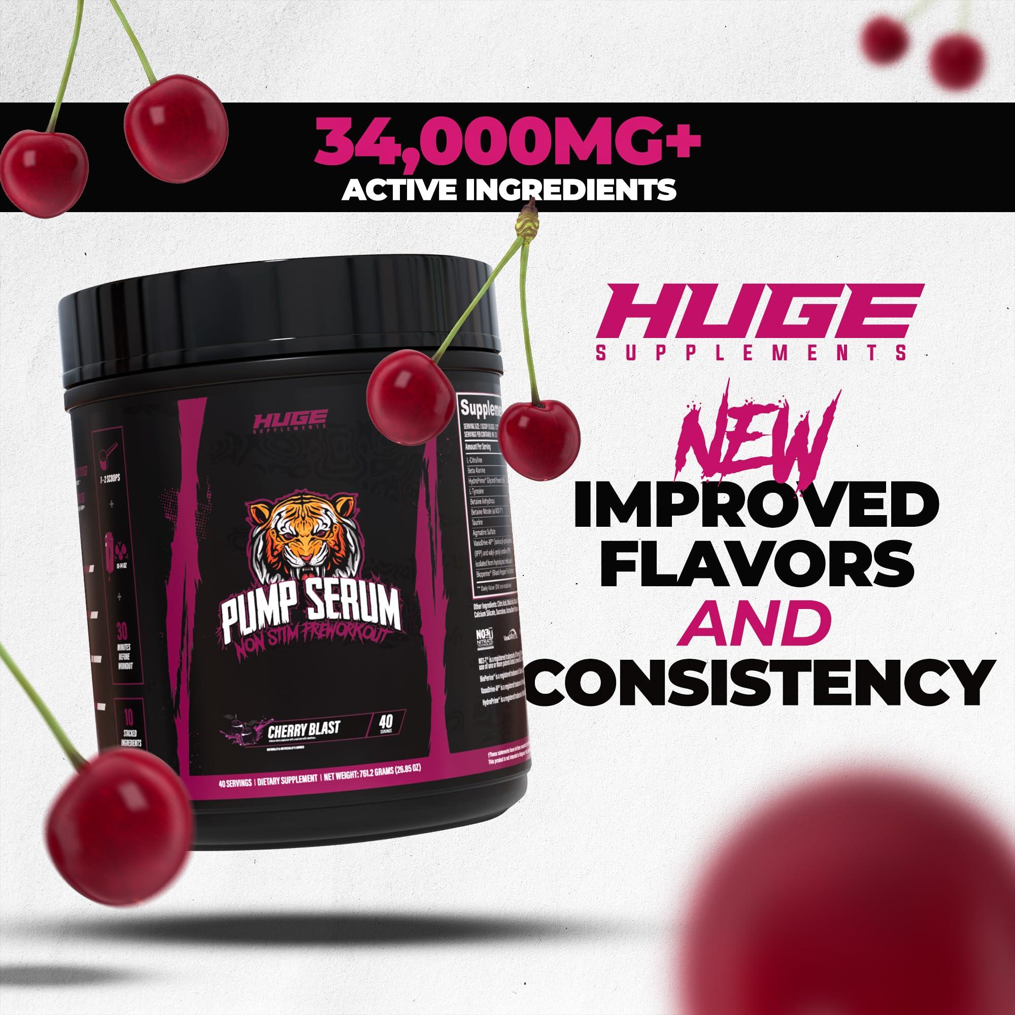 Huge Supplements Huge Supplements Pump Serum, Stim Free Pre Workout and Nitric Oxide Booster to Enhance Focus, Pumps, Fulness with No Caffeine, L-Citrulline, GlycerPump, L-Tyrosine, Nitrosigine (Cherry Berry)