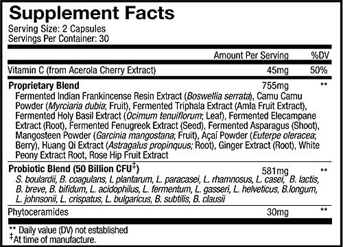 Codeage Codeage Skin Probiotics + Prebiotics - Skin Care Routine Supplement - 50 Billion CFU - Ayurvedic Botanical Herbs - Face Probiotics - Shelf Stable Cleanser, Non-GMO, Vegan - 60 Capsules