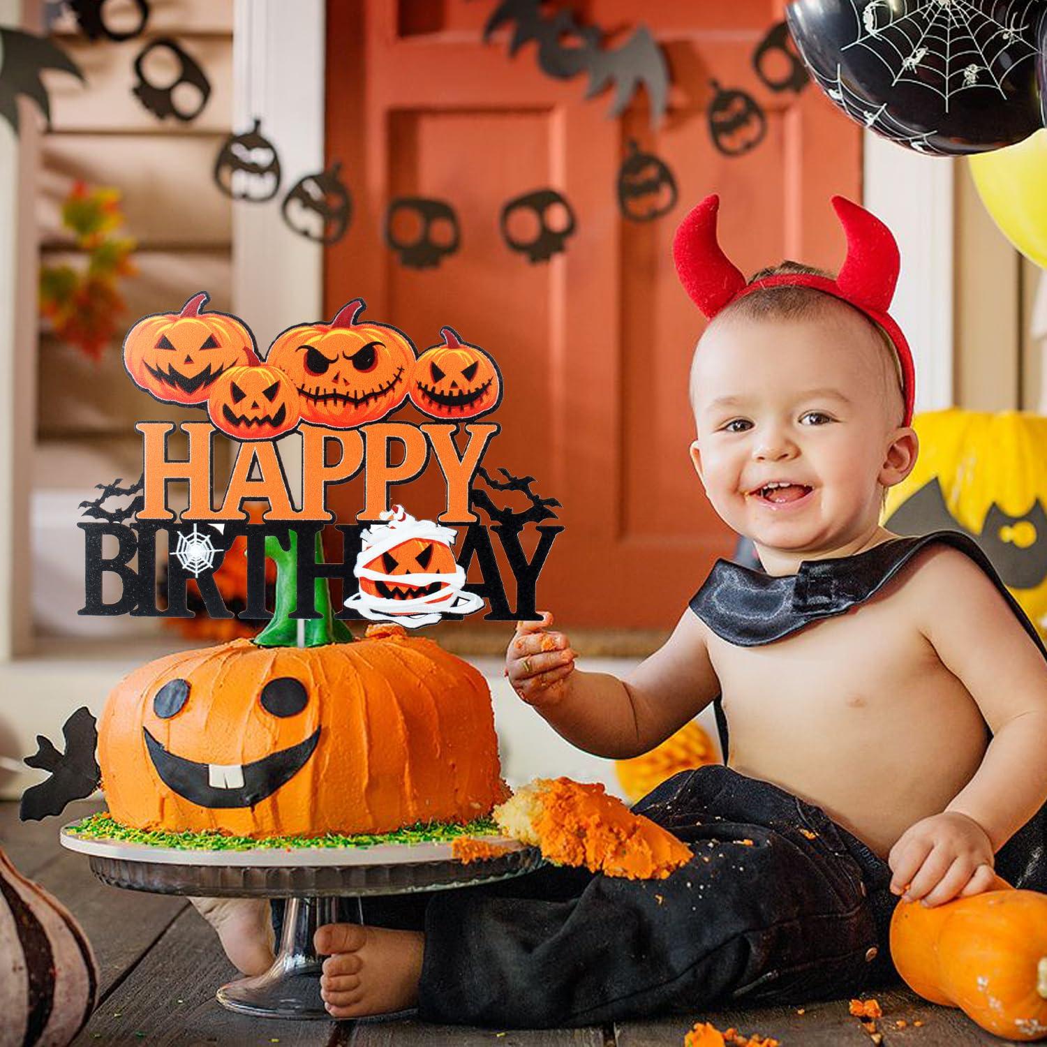 LHCING Halloween Happy Birthday Cake Topper - Halloween Birthday Pumpkins Black Glitter Cake Topper - Halloween Kids Birthday Party Friday The 13th Party Cake Derocation