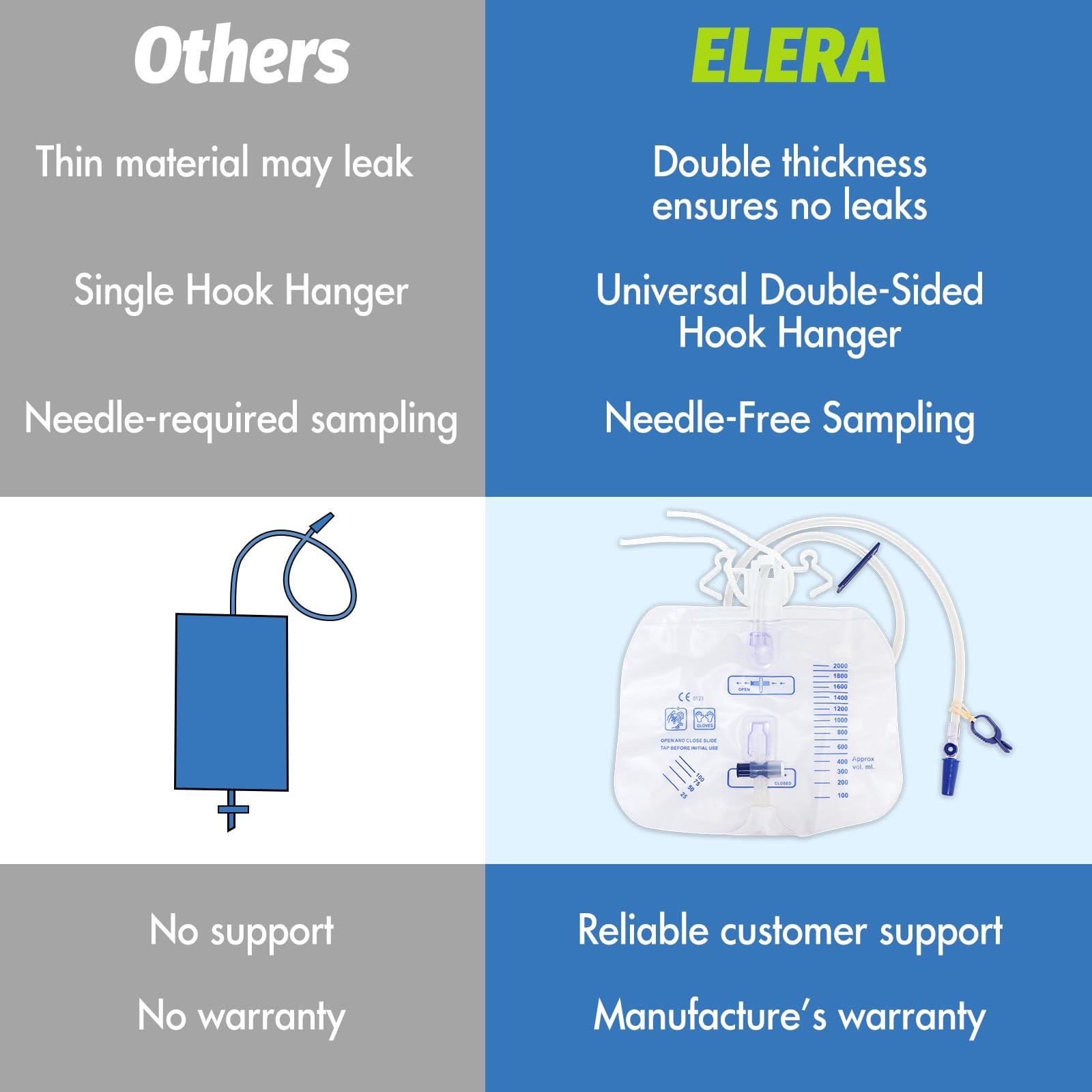 ELERA 5 Pack Urinary Drainage Bag with Anti-Reflux Chamber, 2000ml Professional Adult Urine Bags for Home and Hospital Use -Catheter Bags